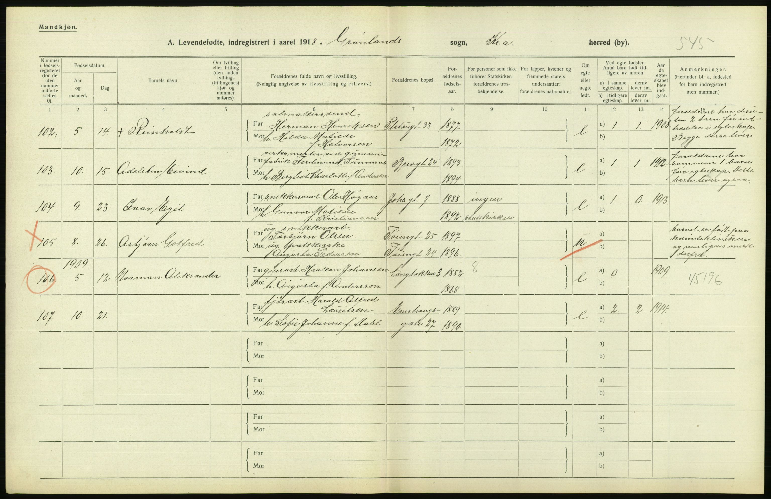 Statistisk sentralbyrå, Sosiodemografiske emner, Befolkning, AV/RA-S-2228/D/Df/Dfb/Dfbh/L0008: Kristiania: Levendefødte menn og kvinner., 1918, p. 776