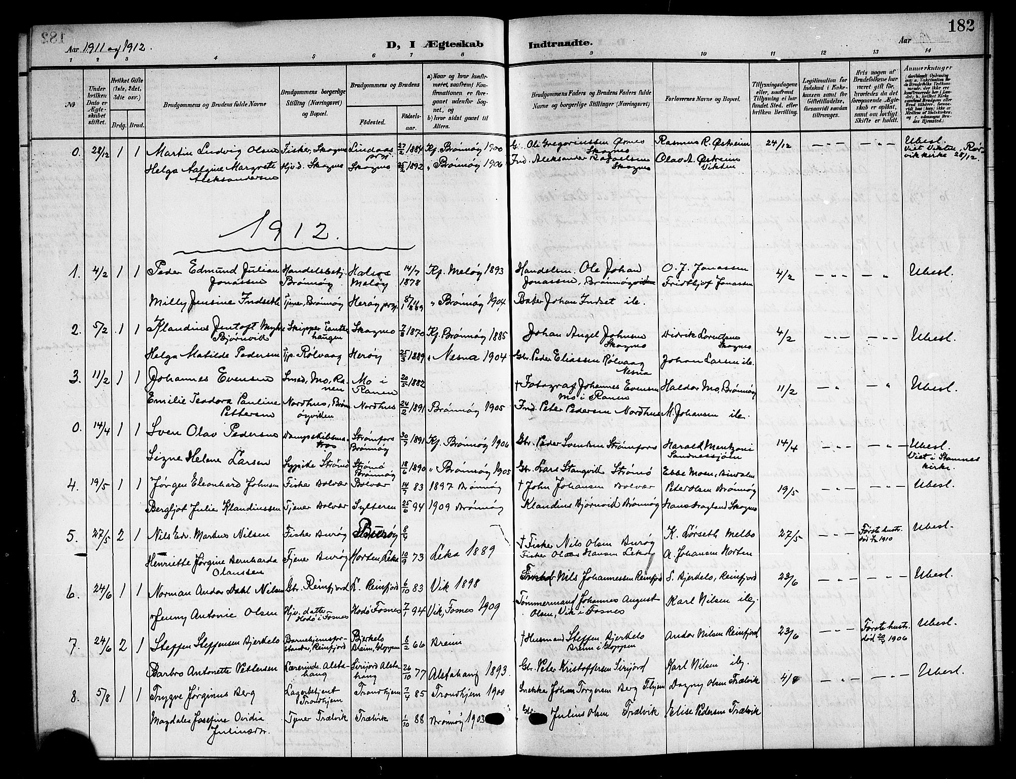 Ministerialprotokoller, klokkerbøker og fødselsregistre - Nordland, SAT/A-1459/813/L0214: Parish register (copy) no. 813C06, 1904-1917, p. 182