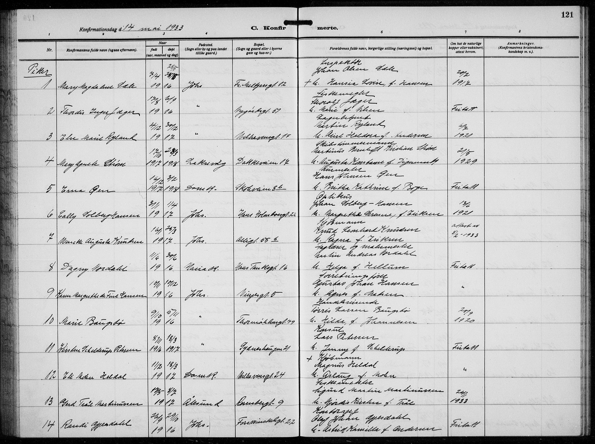 Johanneskirken sokneprestembete, AV/SAB-A-76001/H/Hab: Parish register (copy) no. B  3, 1925-1935, p. 120b-121a