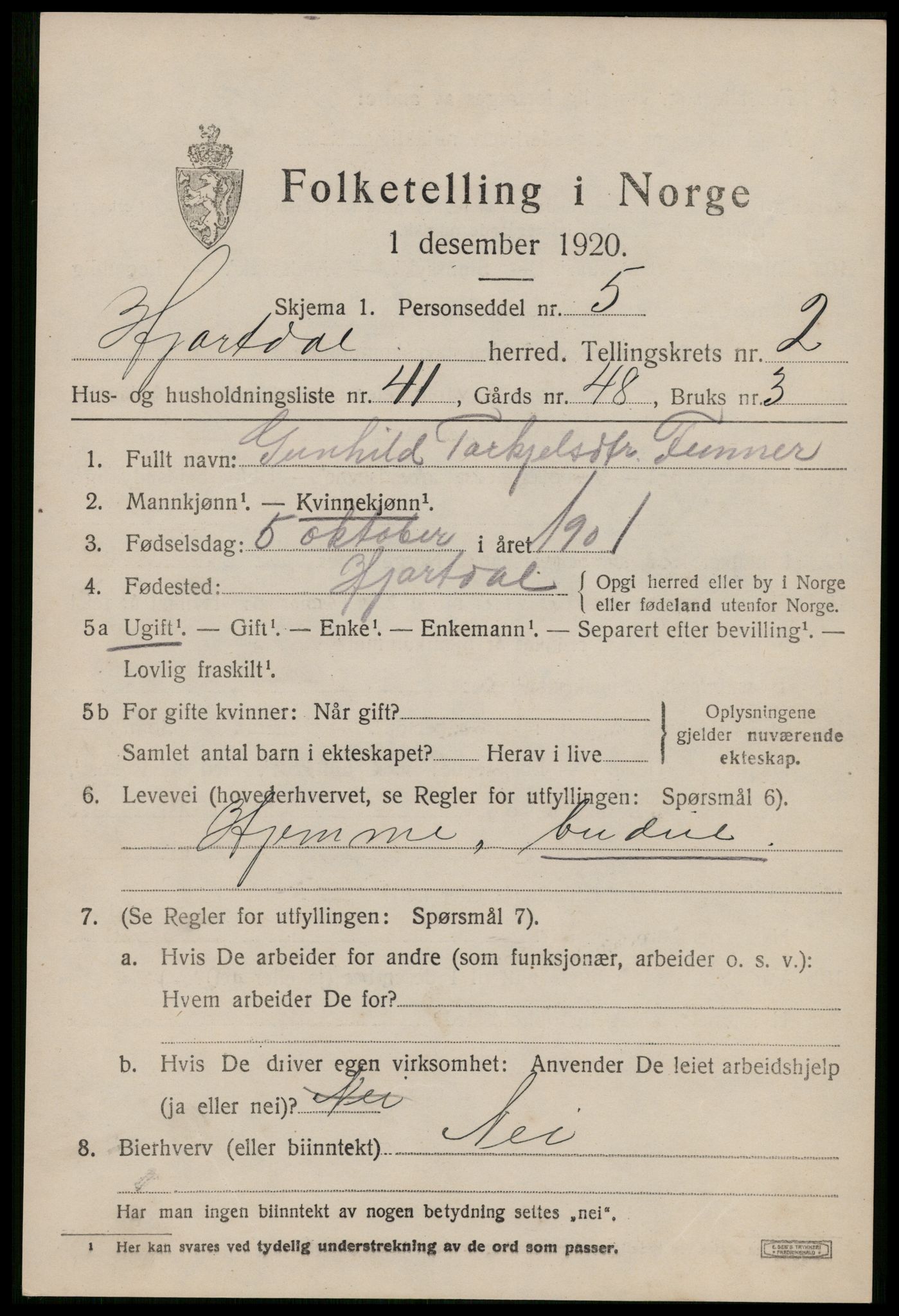 SAKO, 1920 census for Hjartdal, 1920, p. 2260