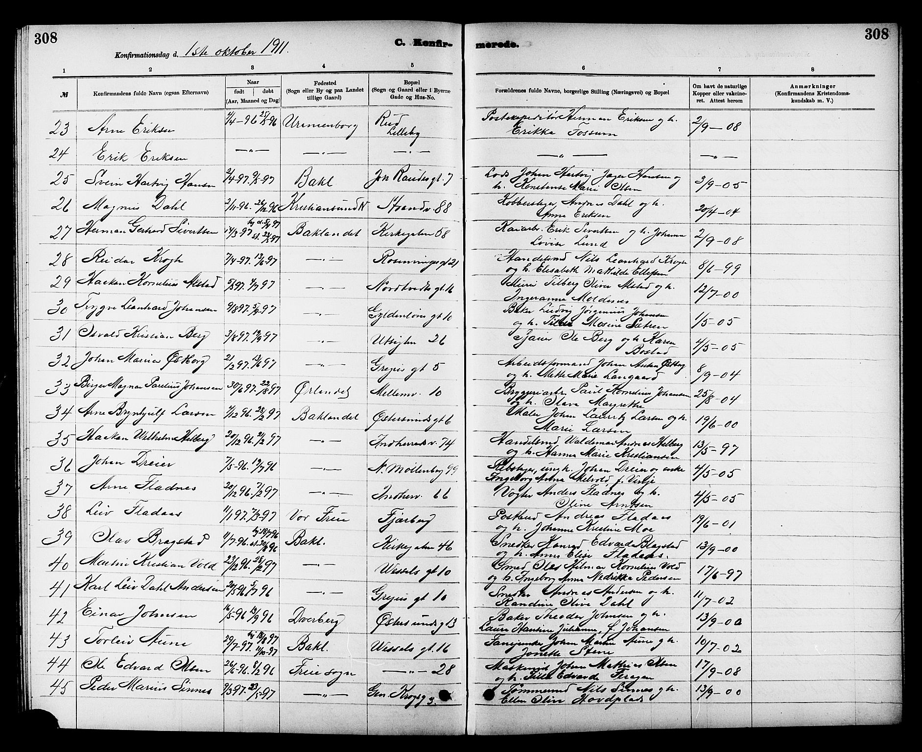 Ministerialprotokoller, klokkerbøker og fødselsregistre - Sør-Trøndelag, AV/SAT-A-1456/605/L0254: Parish register (copy) no. 605C01, 1908-1916, p. 308