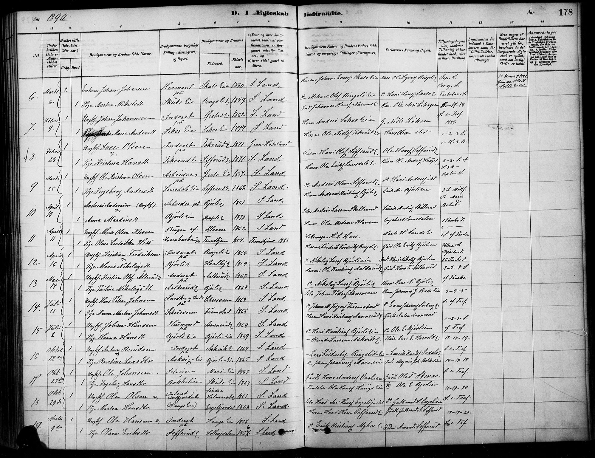 Søndre Land prestekontor, SAH/PREST-122/K/L0003: Parish register (official) no. 3, 1878-1894, p. 178