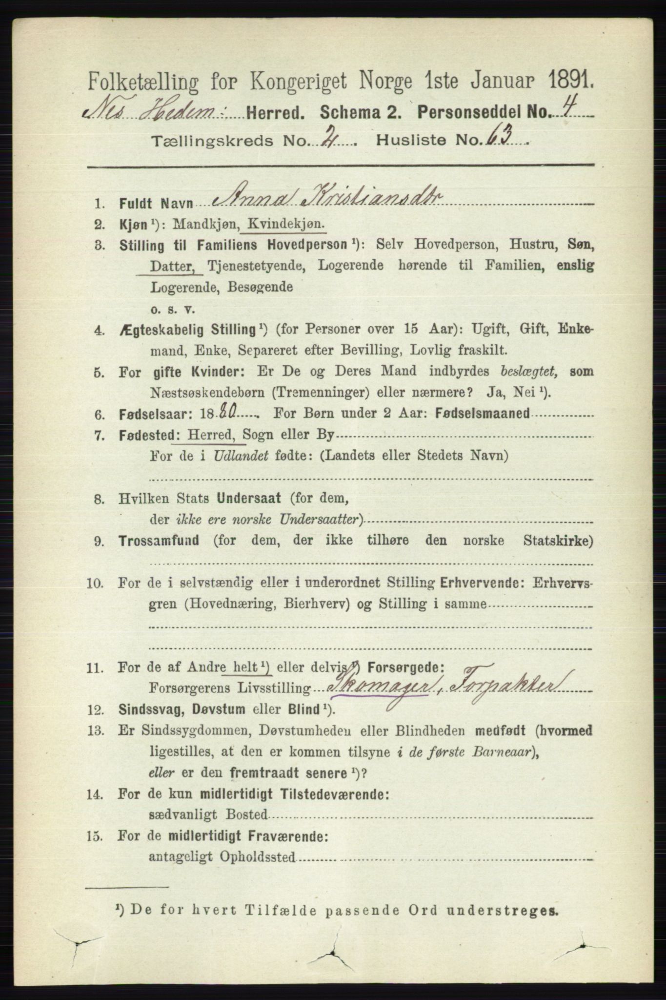 RA, 1891 census for 0411 Nes, 1891, p. 1512