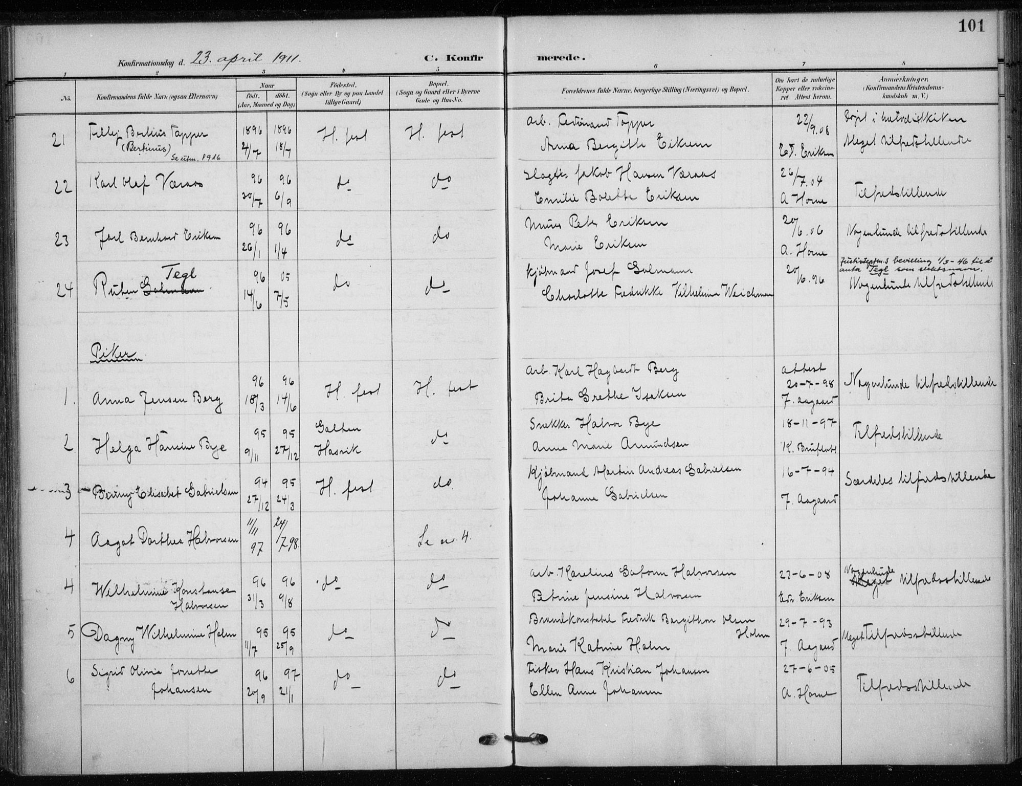 Hammerfest sokneprestkontor, AV/SATØ-S-1347/H/Ha/L0014.kirke: Parish register (official) no. 14, 1906-1916, p. 101