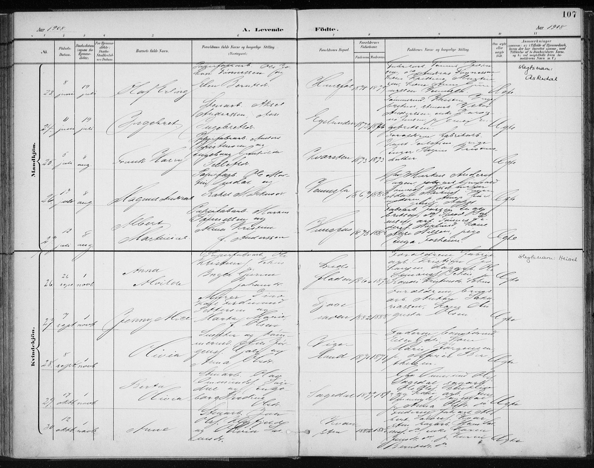 Vennesla sokneprestkontor, AV/SAK-1111-0045/Fa/Fab/L0005: Parish register (official) no. A 5, 1897-1909, p. 107