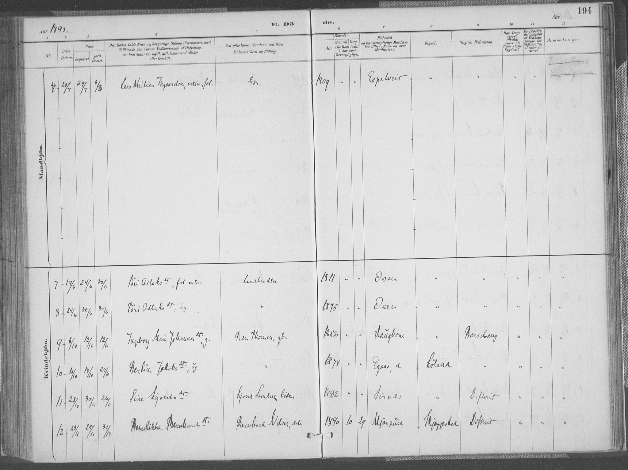 Bakke sokneprestkontor, AV/SAK-1111-0002/F/Fa/Faa/L0008: Parish register (official) no. A 8, 1887-1911, p. 194