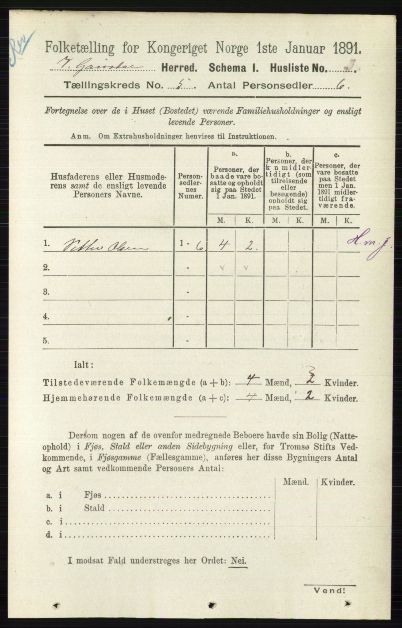 RA, 1891 census for 0523 Vestre Gausdal, 1891, p. 2120