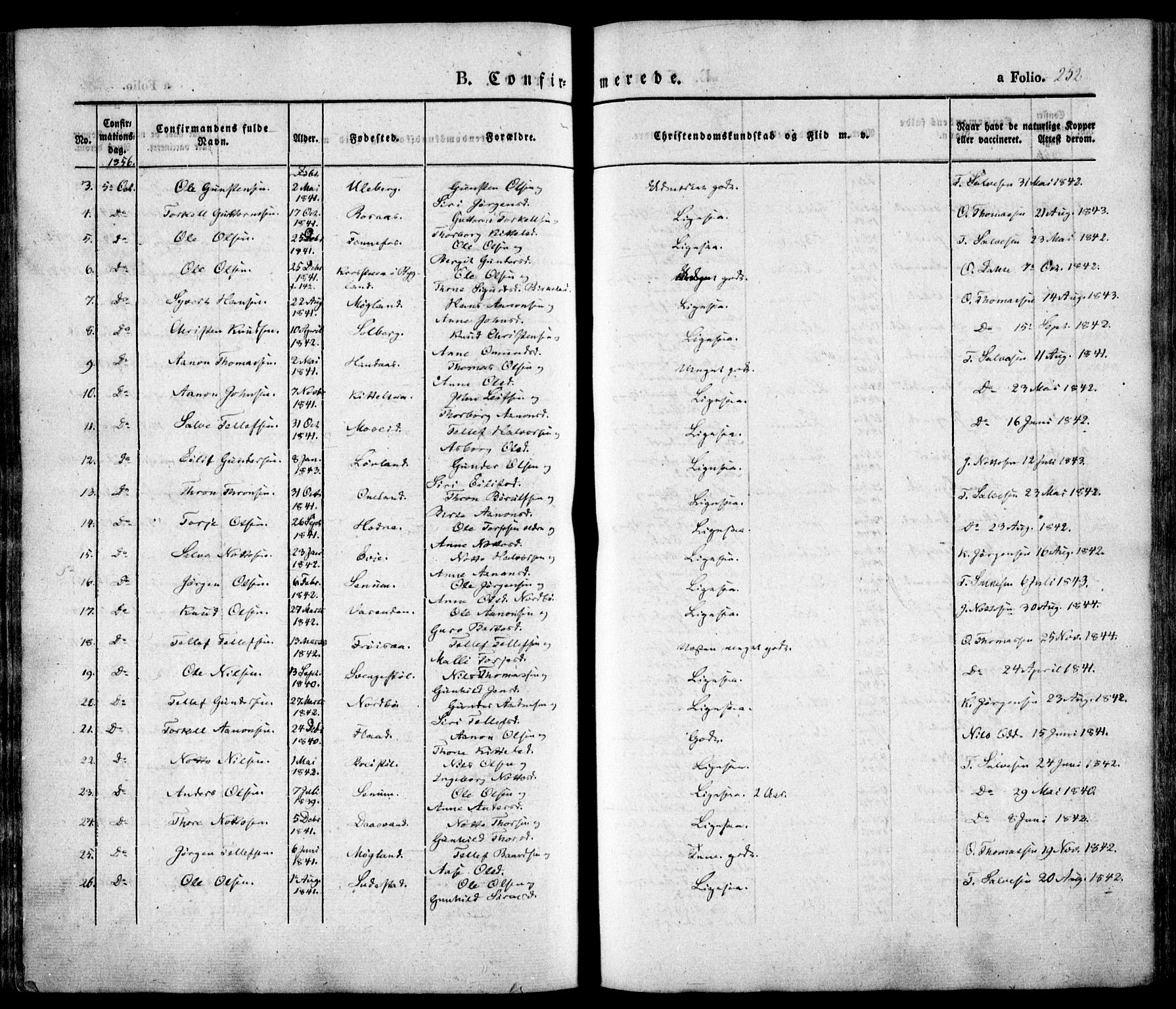 Evje sokneprestkontor, AV/SAK-1111-0008/F/Fa/Faa/L0005: Parish register (official) no. A 5, 1843-1865, p. 252