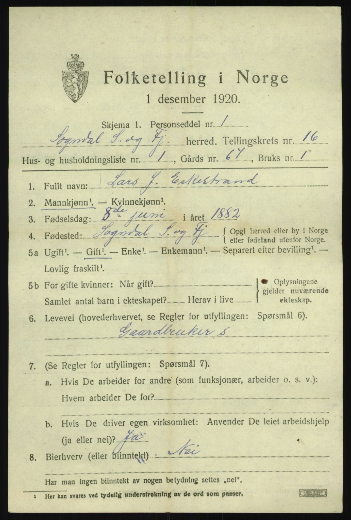 SAB, 1920 census for Sogndal, 1920, p. 6065