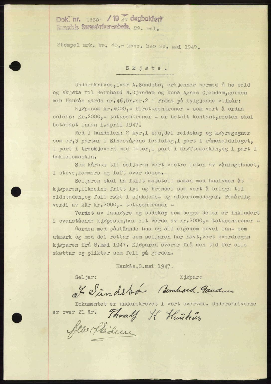 Romsdal sorenskriveri, AV/SAT-A-4149/1/2/2C: Mortgage book no. A23, 1947-1947, Diary no: : 1330/1947