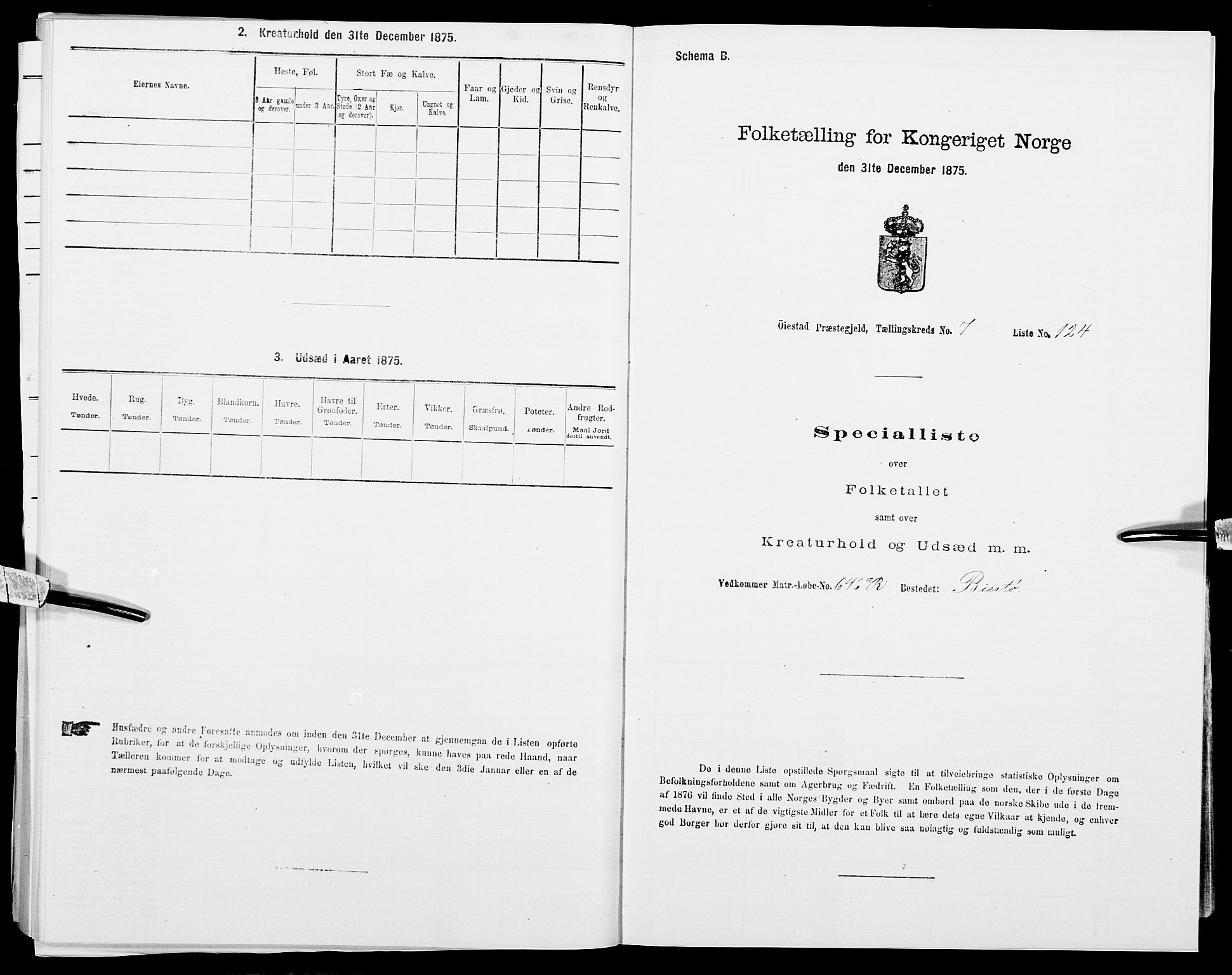 SAK, 1875 census for 0920P Øyestad, 1875, p. 1095