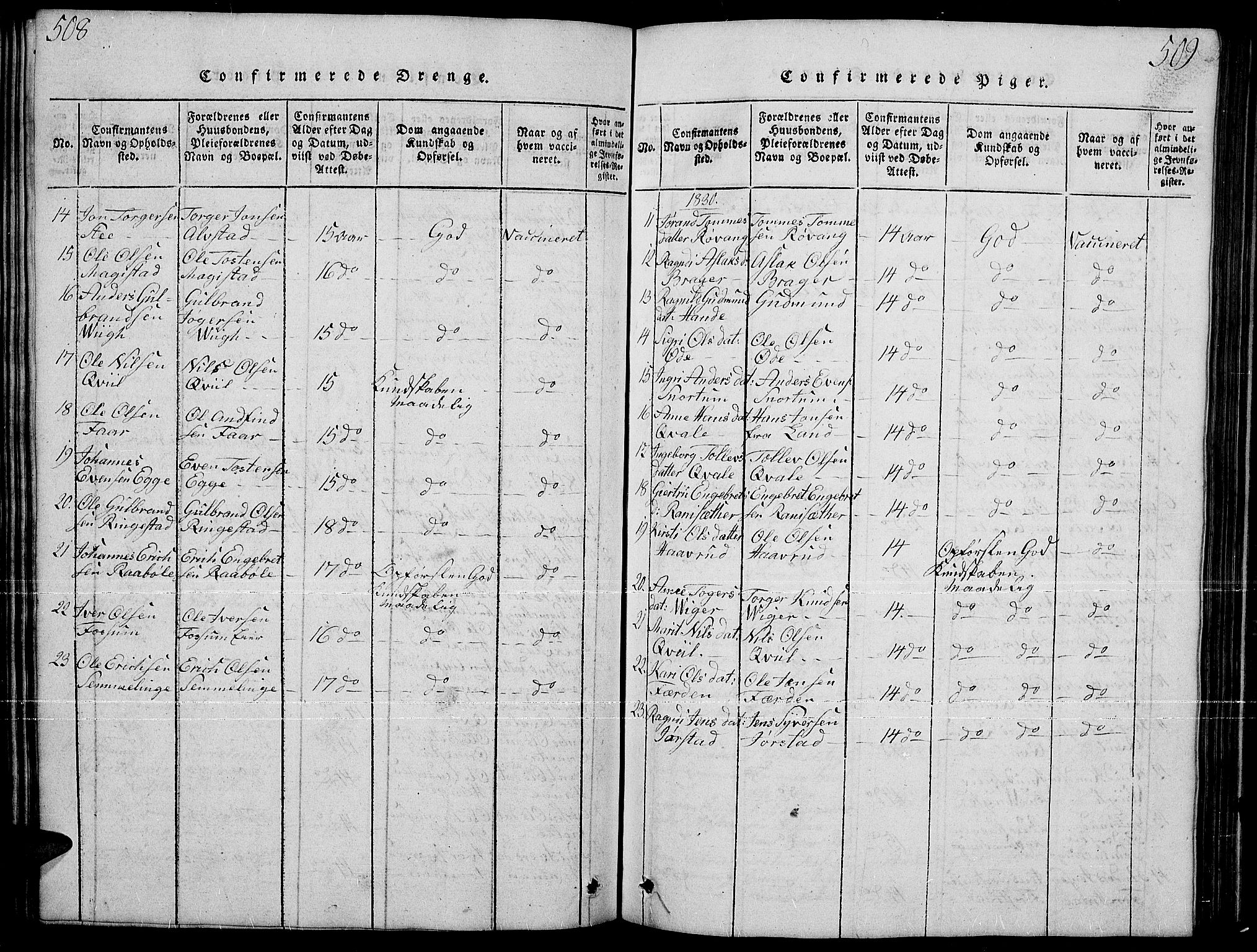 Slidre prestekontor, AV/SAH-PREST-134/H/Ha/Hab/L0001: Parish register (copy) no. 1, 1814-1838, p. 508-509