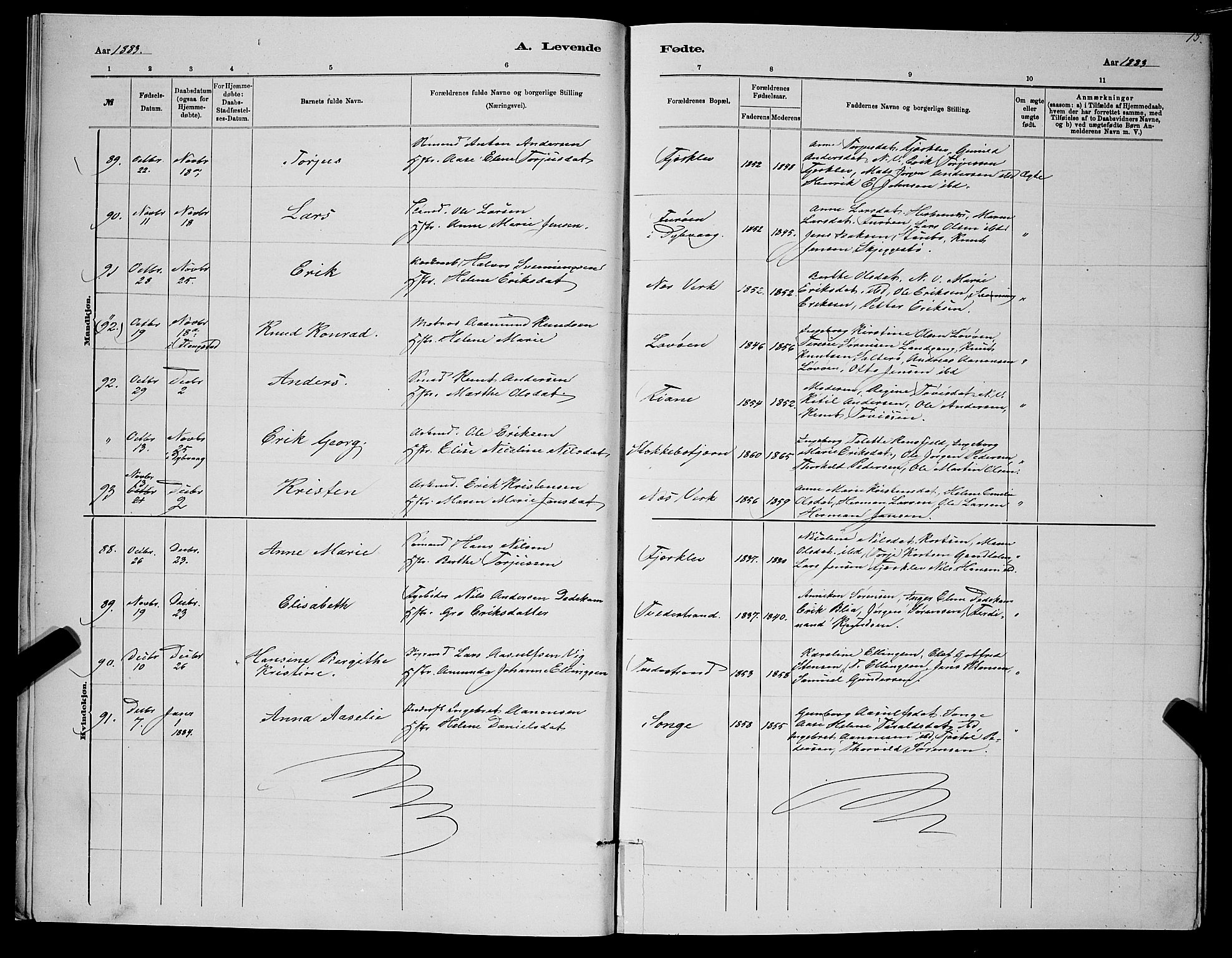 Holt sokneprestkontor, AV/SAK-1111-0021/F/Fb/L0010: Parish register (copy) no. B 10, 1883-1896, p. 15