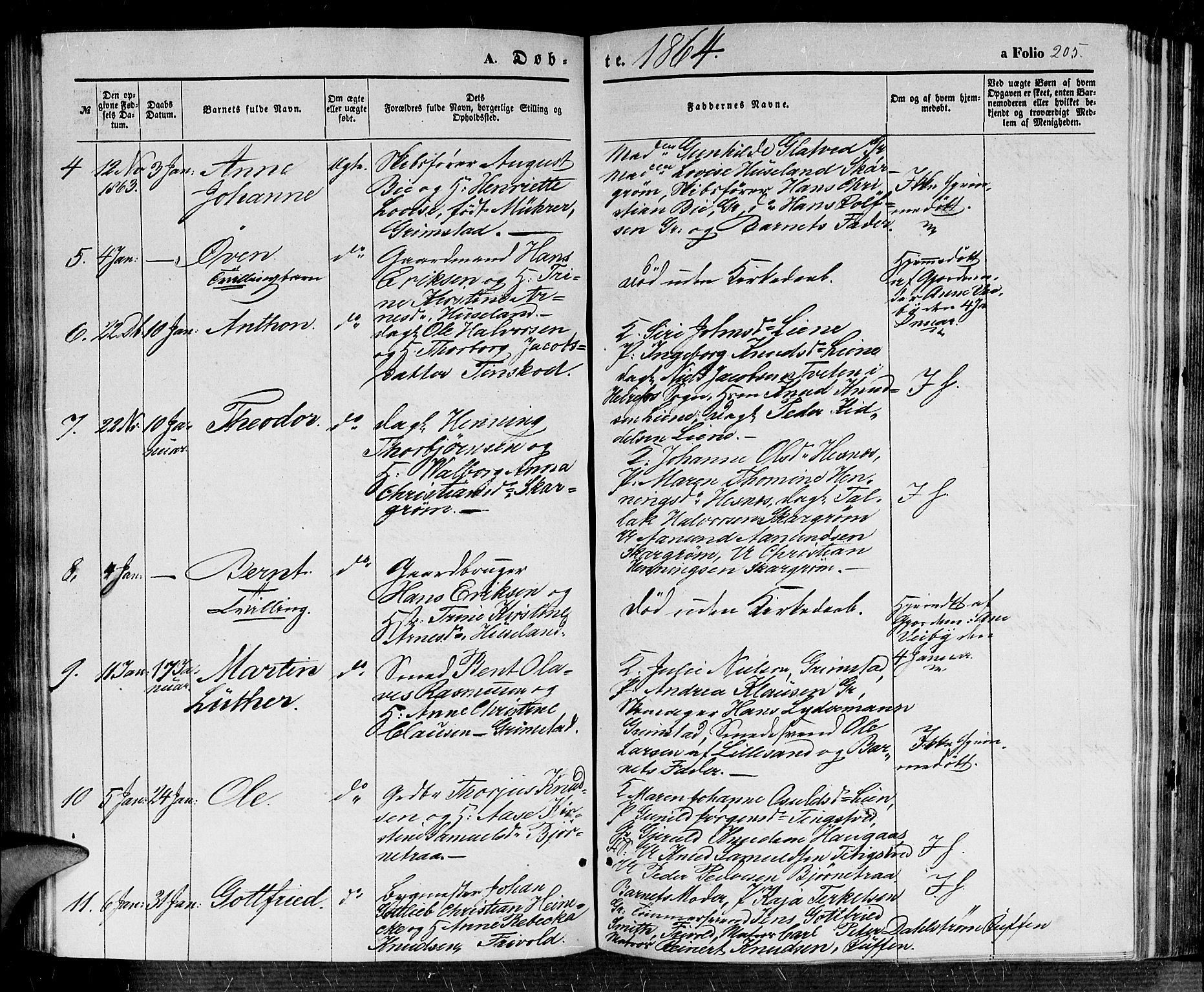 Fjære sokneprestkontor, SAK/1111-0011/F/Fb/L0008: Parish register (copy) no. B 8, 1854-1867, p. 205