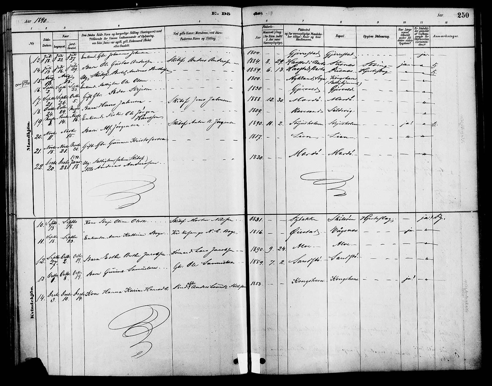 Tromøy sokneprestkontor, AV/SAK-1111-0041/F/Fa/L0009: Parish register (official) no. A 9, 1878-1896, p. 250