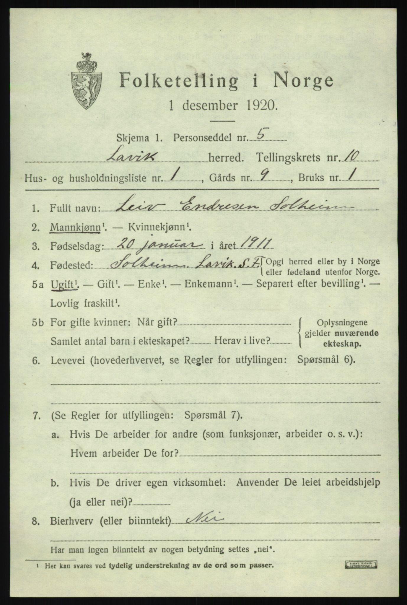 SAB, 1920 census for Lavik, 1920, p. 2272