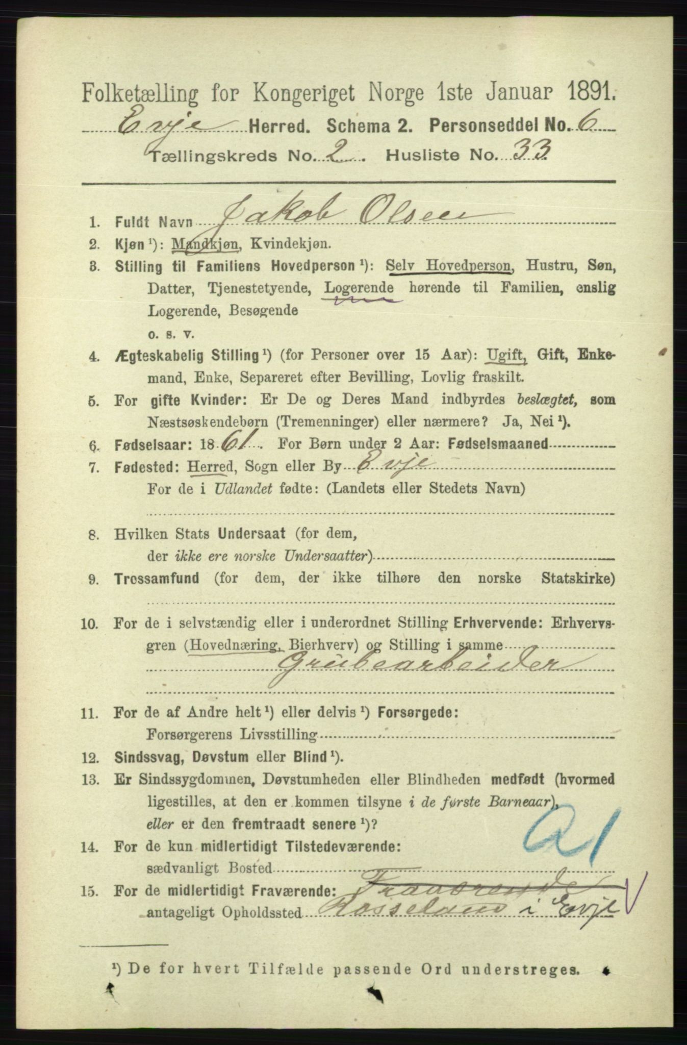 RA, 1891 census for 0937 Evje, 1891, p. 612