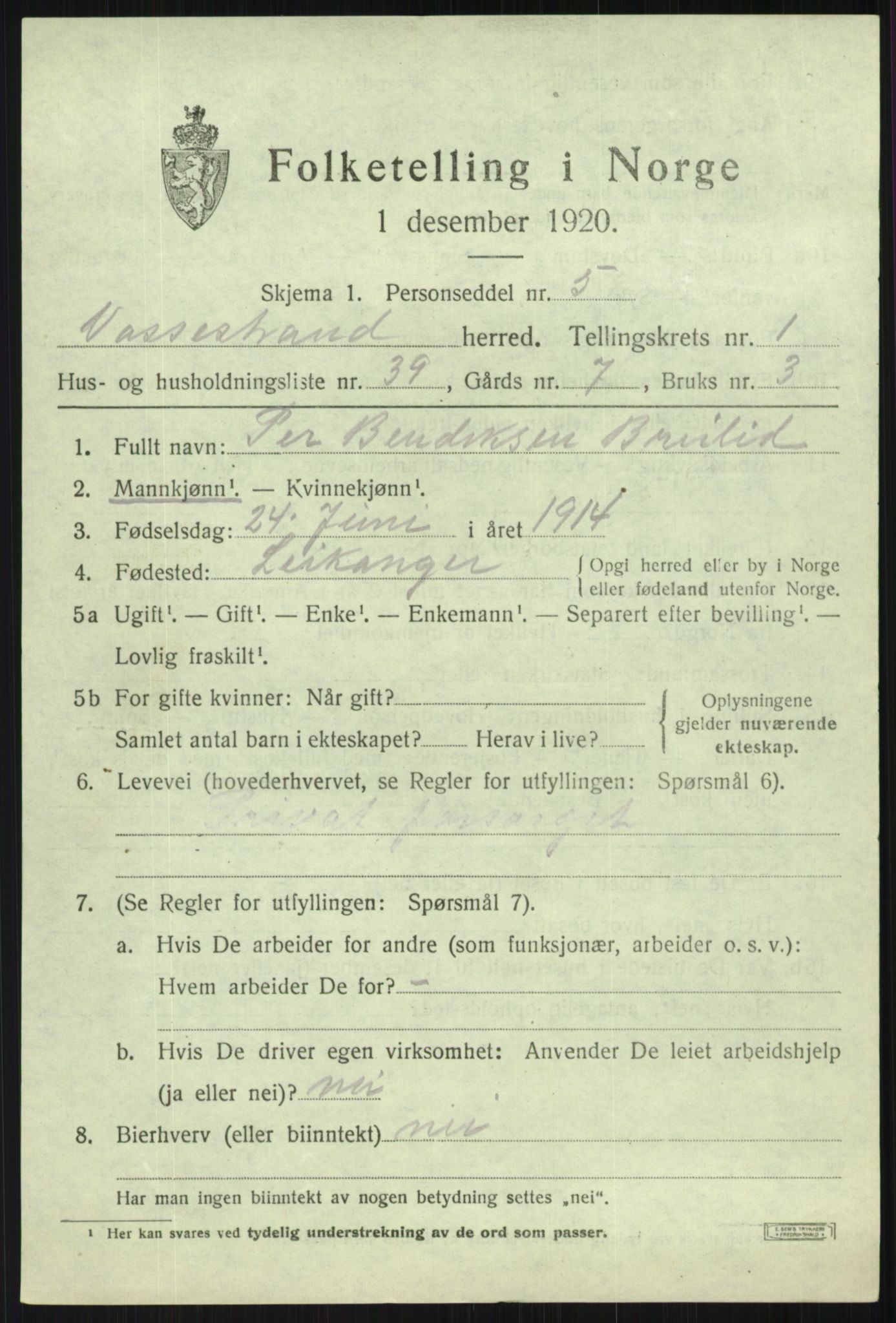 SAB, 1920 census for Vossestrand, 1920, p. 1104