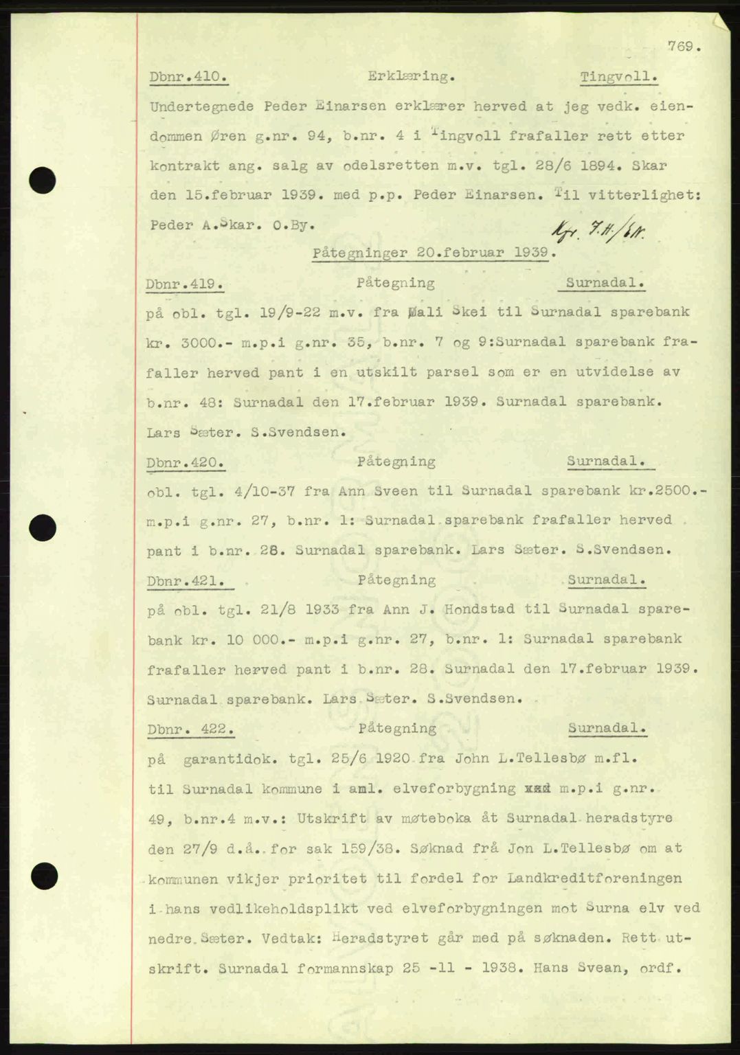 Nordmøre sorenskriveri, AV/SAT-A-4132/1/2/2Ca: Mortgage book no. C80, 1936-1939, Diary no: : 410/1939