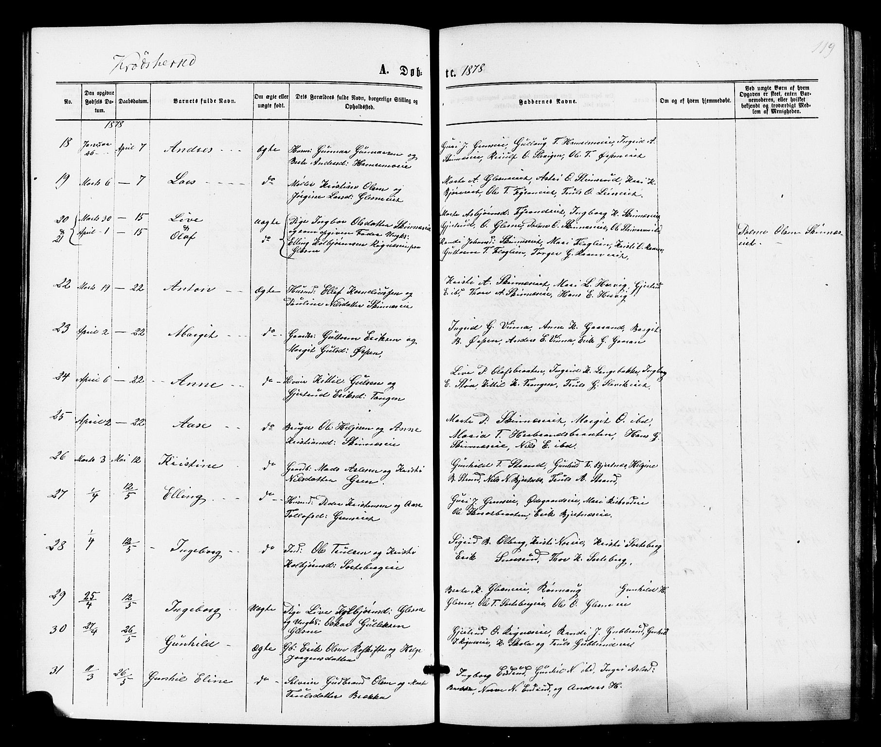 Sigdal kirkebøker, AV/SAKO-A-245/F/Fa/L0010: Parish register (official) no. I 10 /2, 1872-1878, p. 119