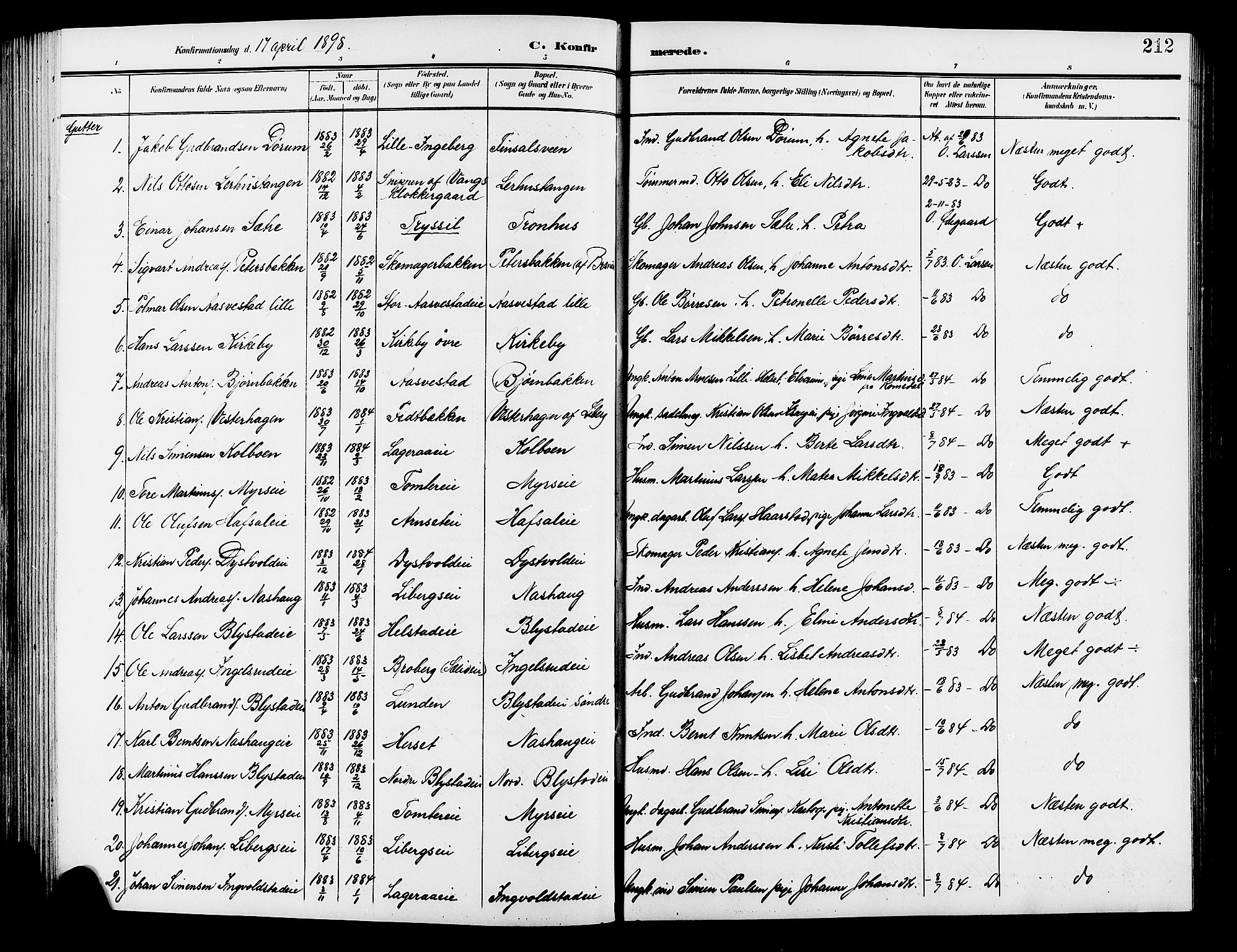 Vang prestekontor, Hedmark, AV/SAH-PREST-008/H/Ha/Hab/L0014: Parish register (copy) no. 14, 1896-1914, p. 212