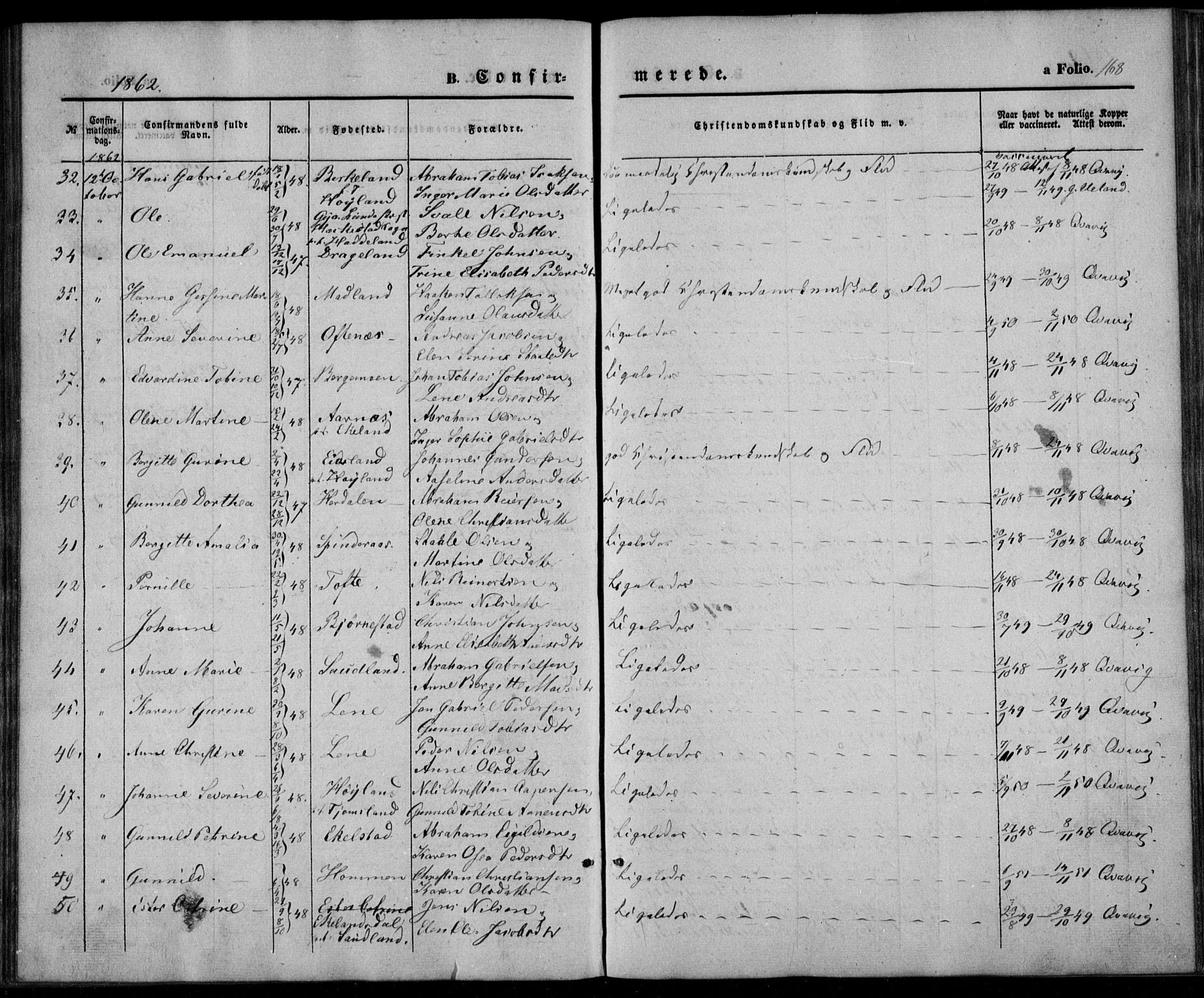Lyngdal sokneprestkontor, SAK/1111-0029/F/Fa/Fac/L0009: Parish register (official) no. A 9, 1852-1864, p. 168