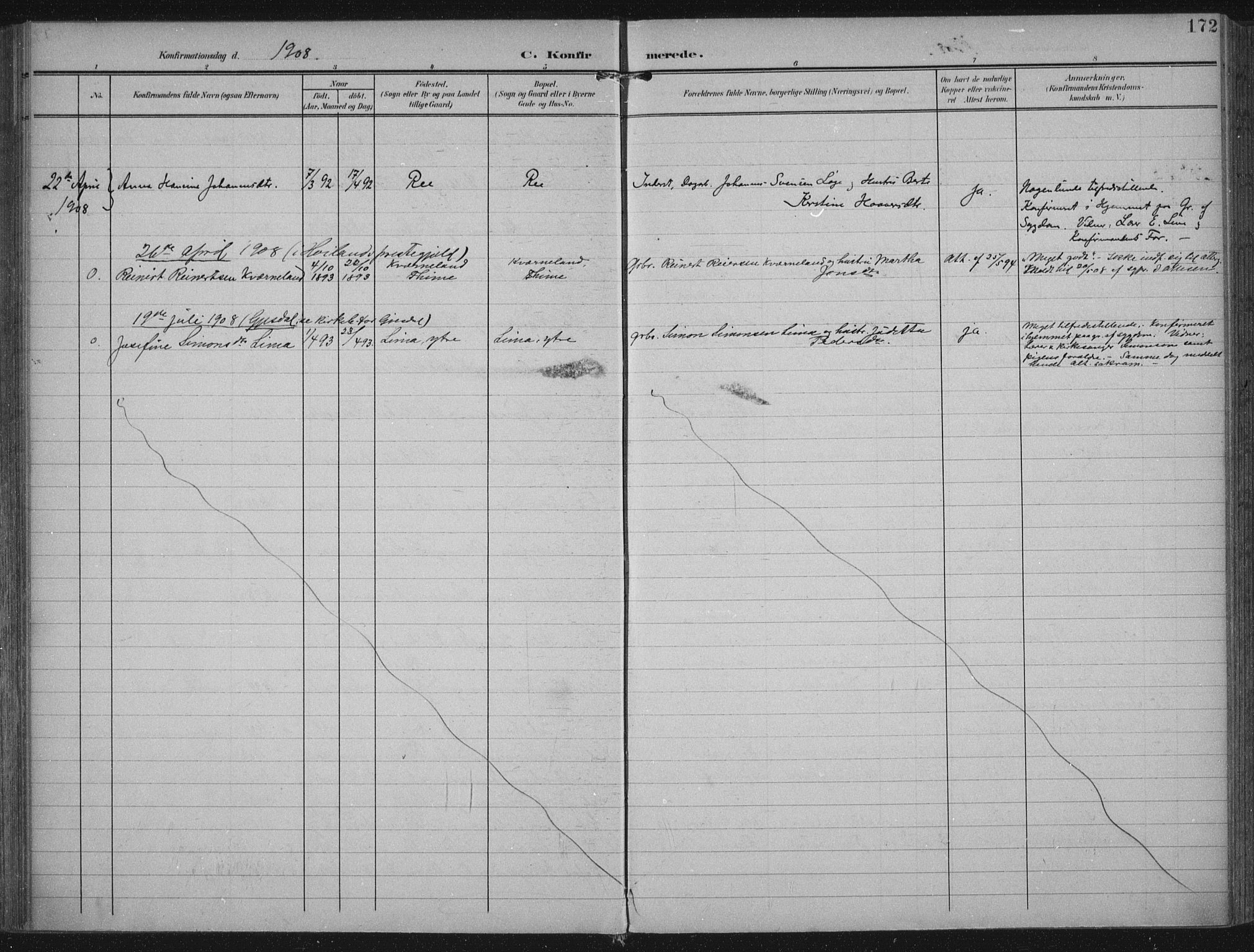 Lye sokneprestkontor, SAST/A-101794/002/A/L0001: Parish register (official) no. A 12, 1904-1920, p. 172