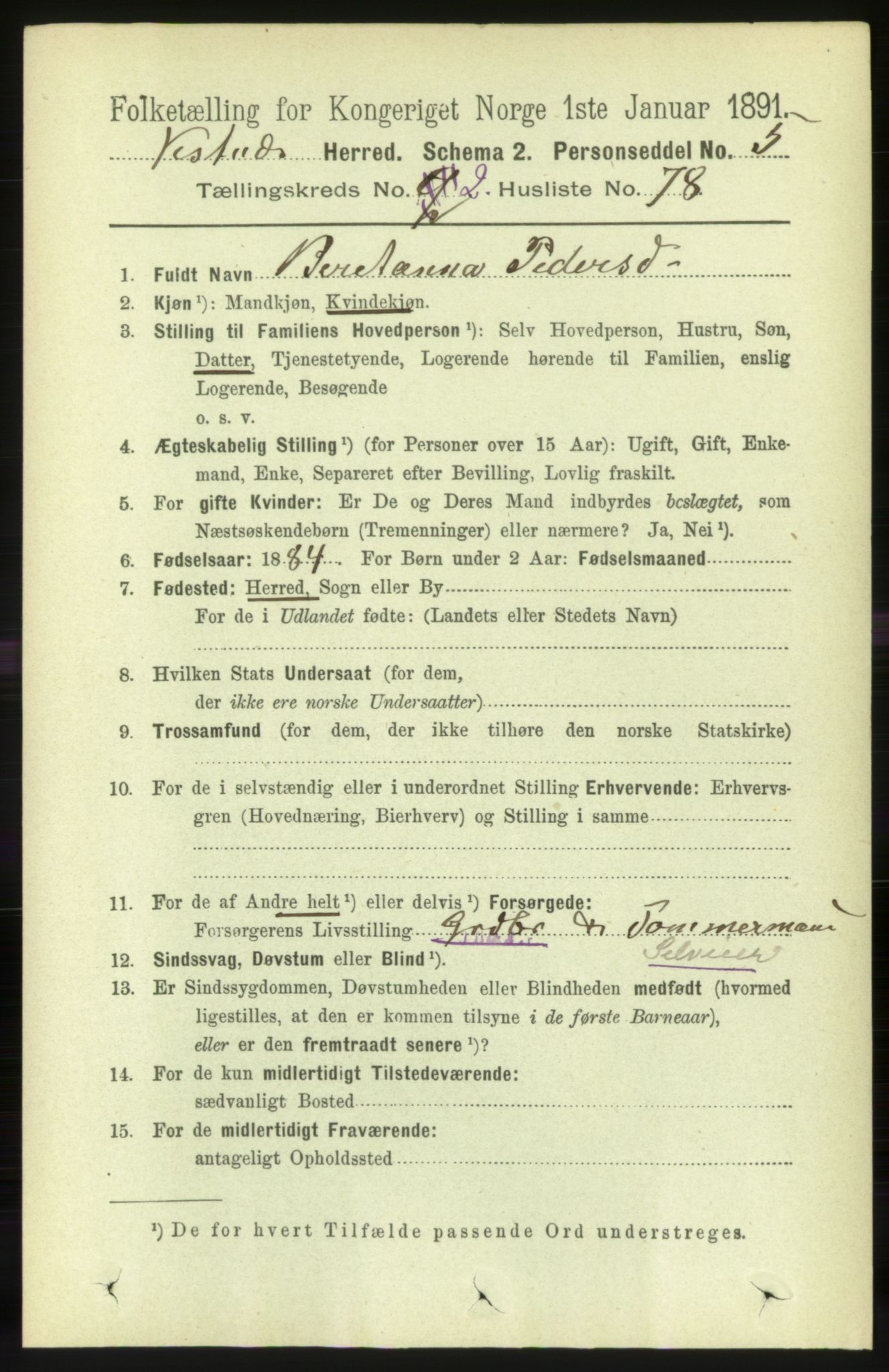 RA, 1891 census for 1535 Vestnes, 1891, p. 599