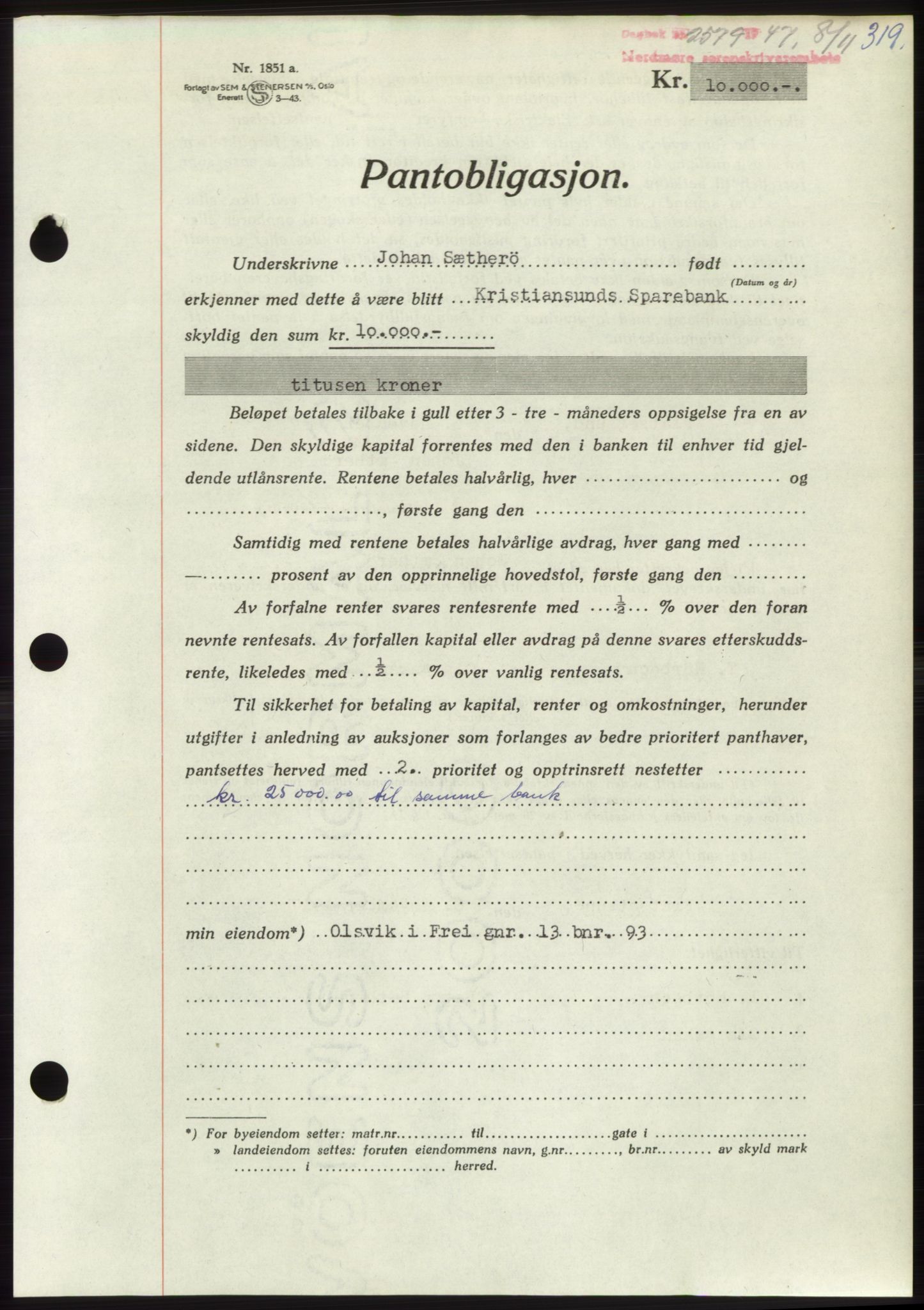 Nordmøre sorenskriveri, AV/SAT-A-4132/1/2/2Ca: Mortgage book no. B97, 1947-1948, Diary no: : 2579/1947