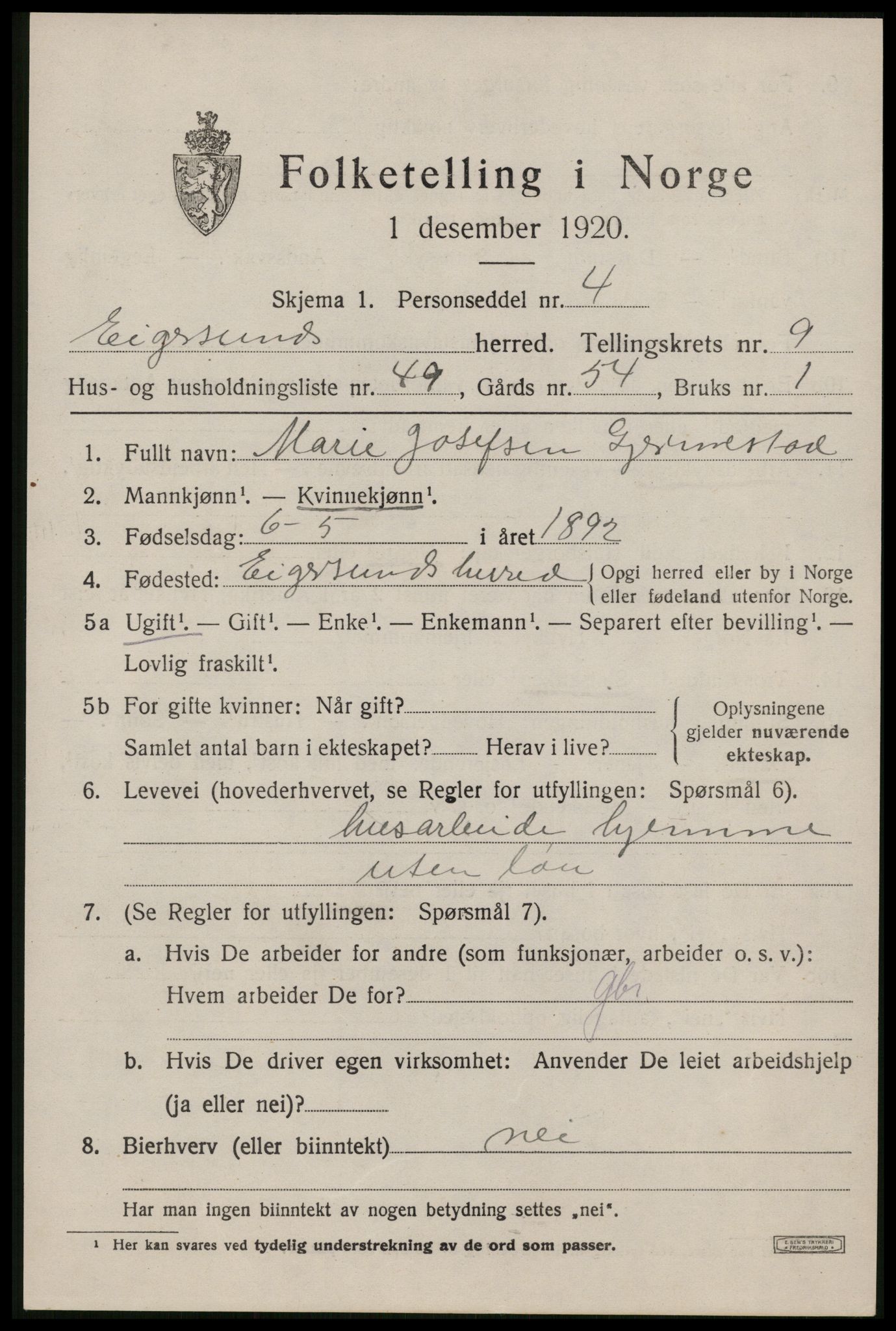 SAST, 1920 census for Eigersund, 1920, p. 6311