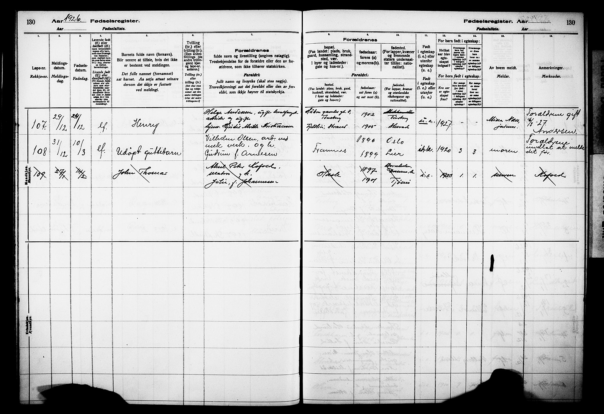 Sandar kirkebøker, SAKO/A-243/J/Ja/L0002: Birth register no. 2, 1922-1929, p. 130