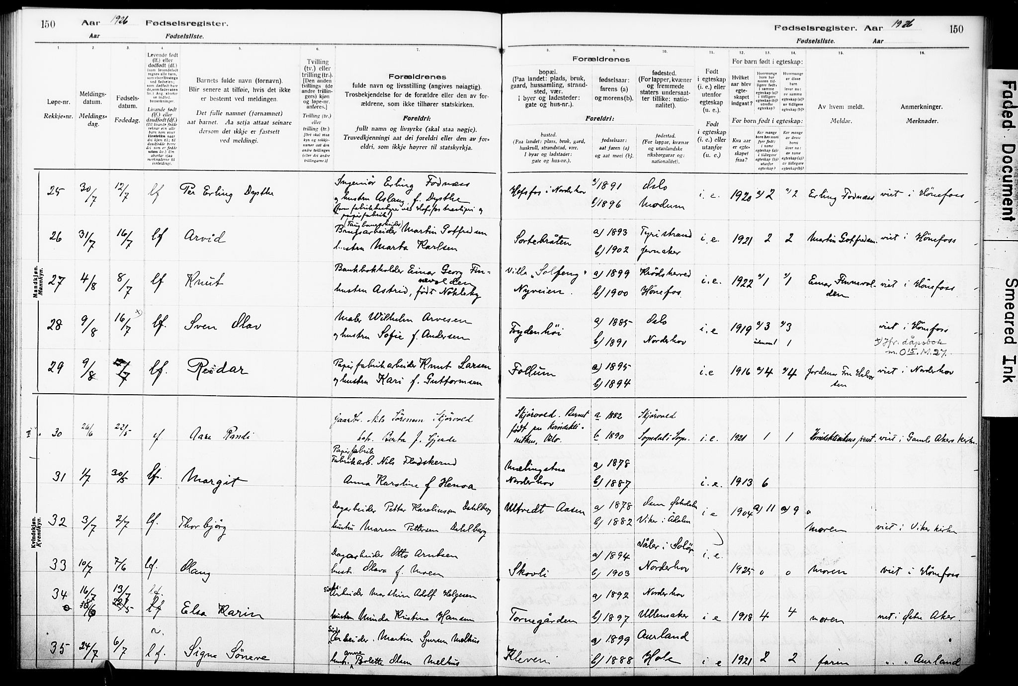 Norderhov kirkebøker, AV/SAKO-A-237/J/Ja/L0001: Birth register no. 1, 1916-1930, p. 150