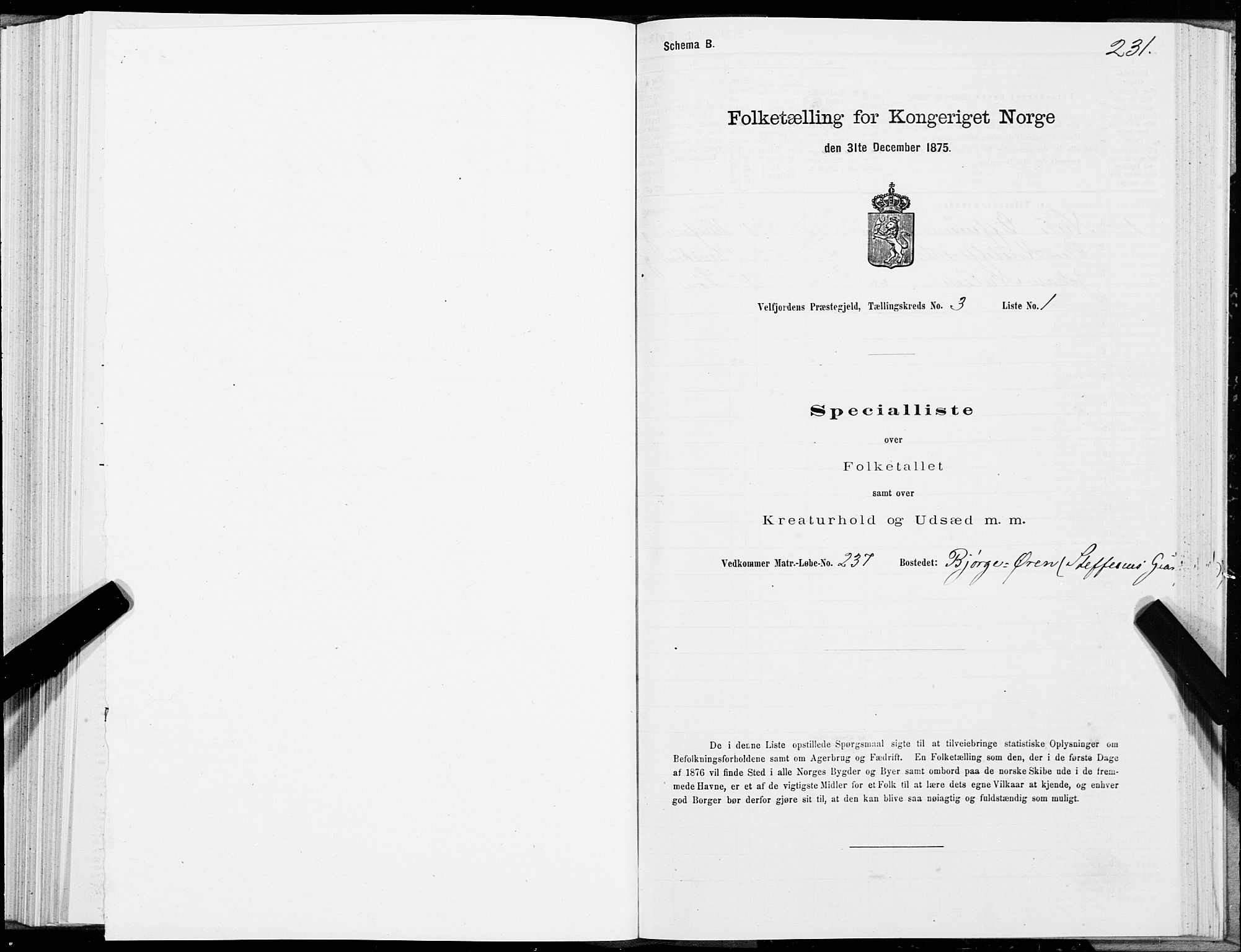 SAT, 1875 census for 1813P Velfjord, 1875, p. 1231