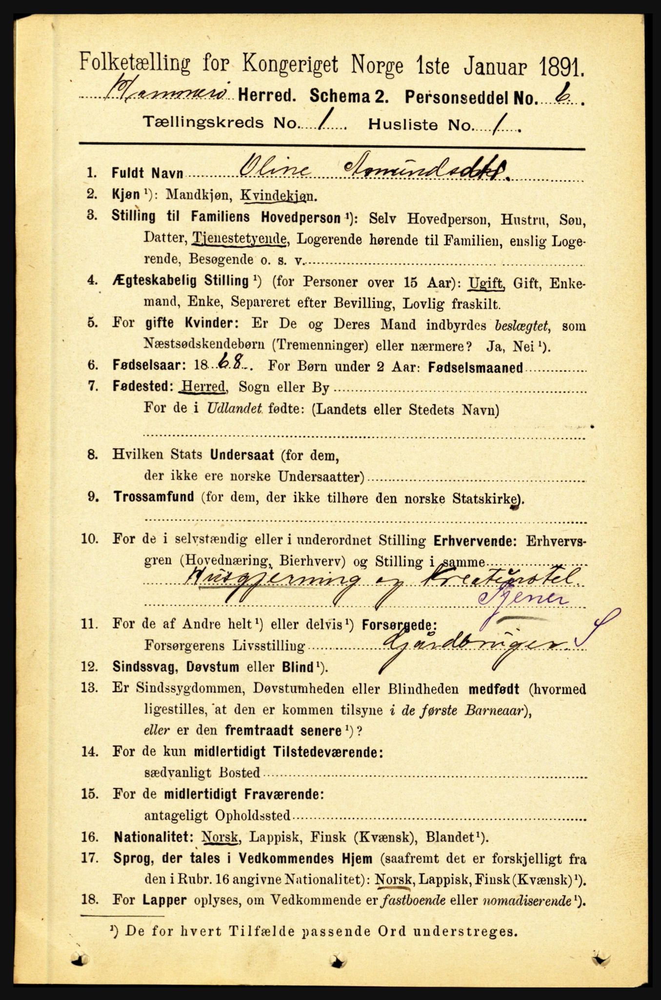 RA, 1891 census for 1849 Hamarøy, 1891, p. 82