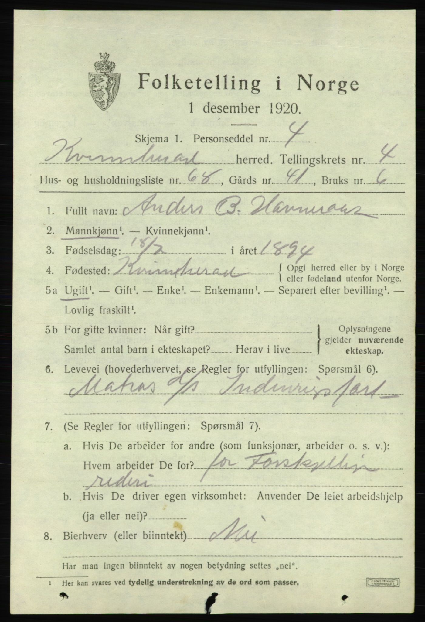 SAB, 1920 census for Kvinnherad, 1920, p. 5970