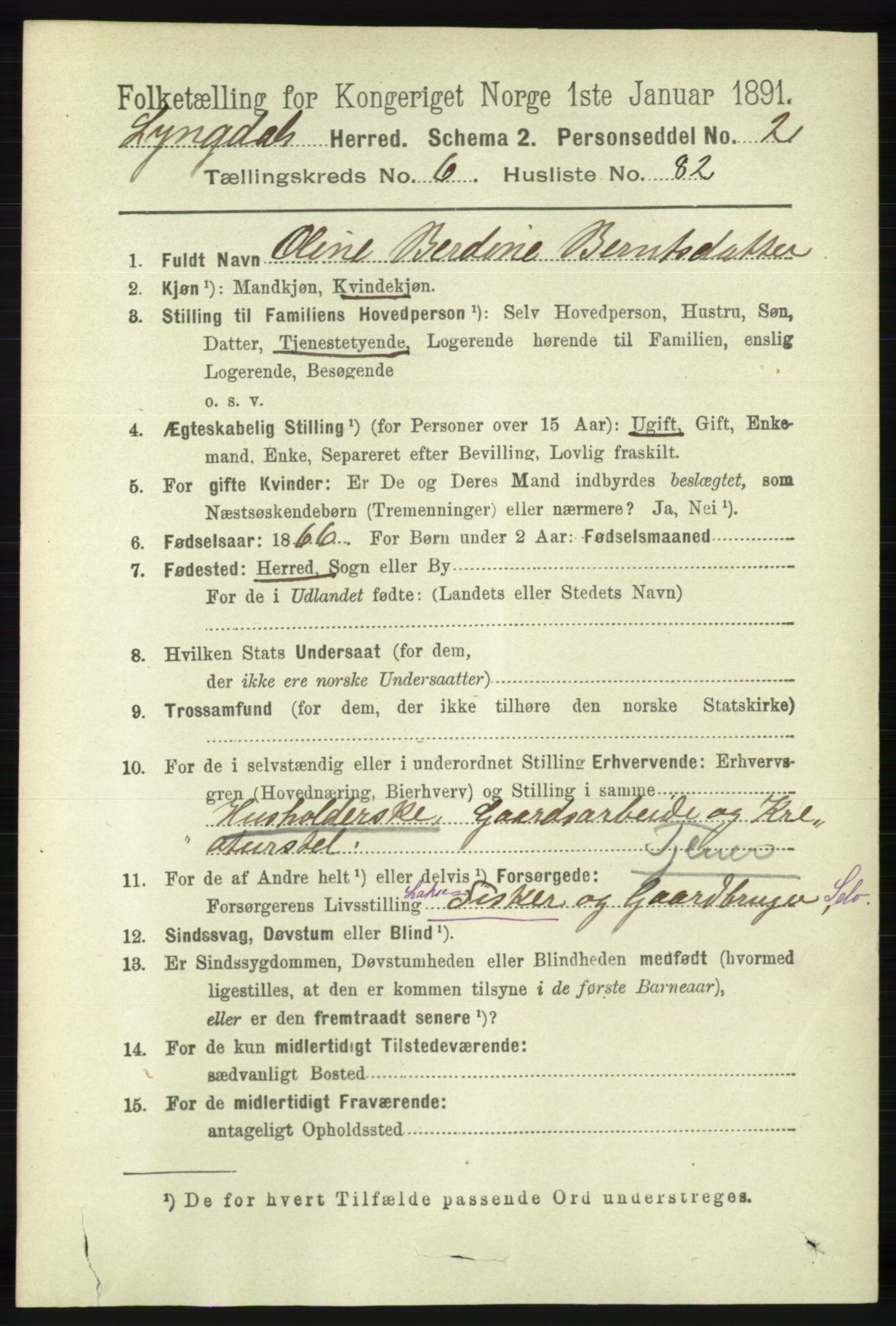 RA, 1891 census for 1032 Lyngdal, 1891, p. 2830