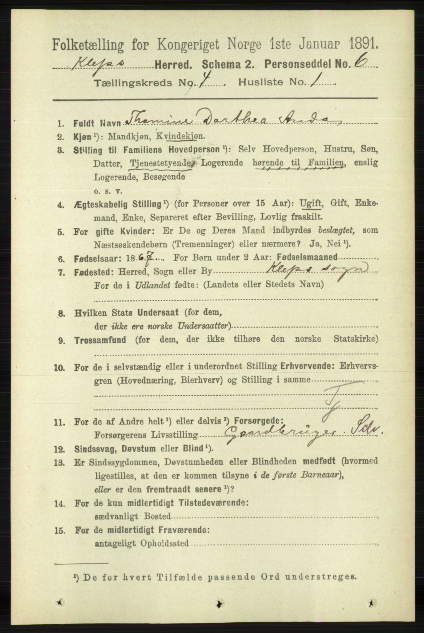 RA, 1891 census for 1120 Klepp, 1891, p. 954