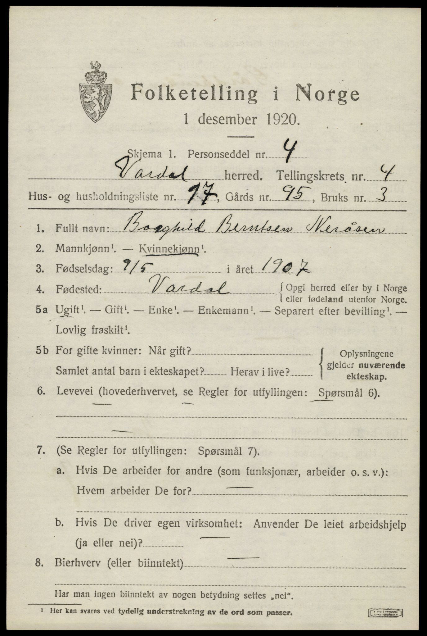 SAH, 1920 census for Vardal, 1920, p. 3027