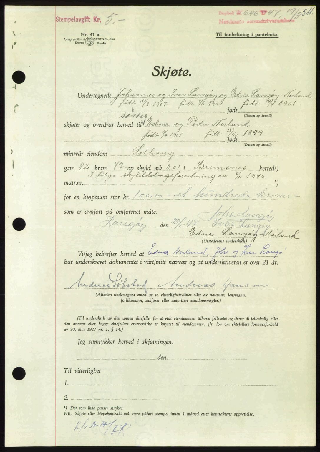 Nordmøre sorenskriveri, AV/SAT-A-4132/1/2/2Ca: Mortgage book no. A104, 1947-1947, Diary no: : 646/1947