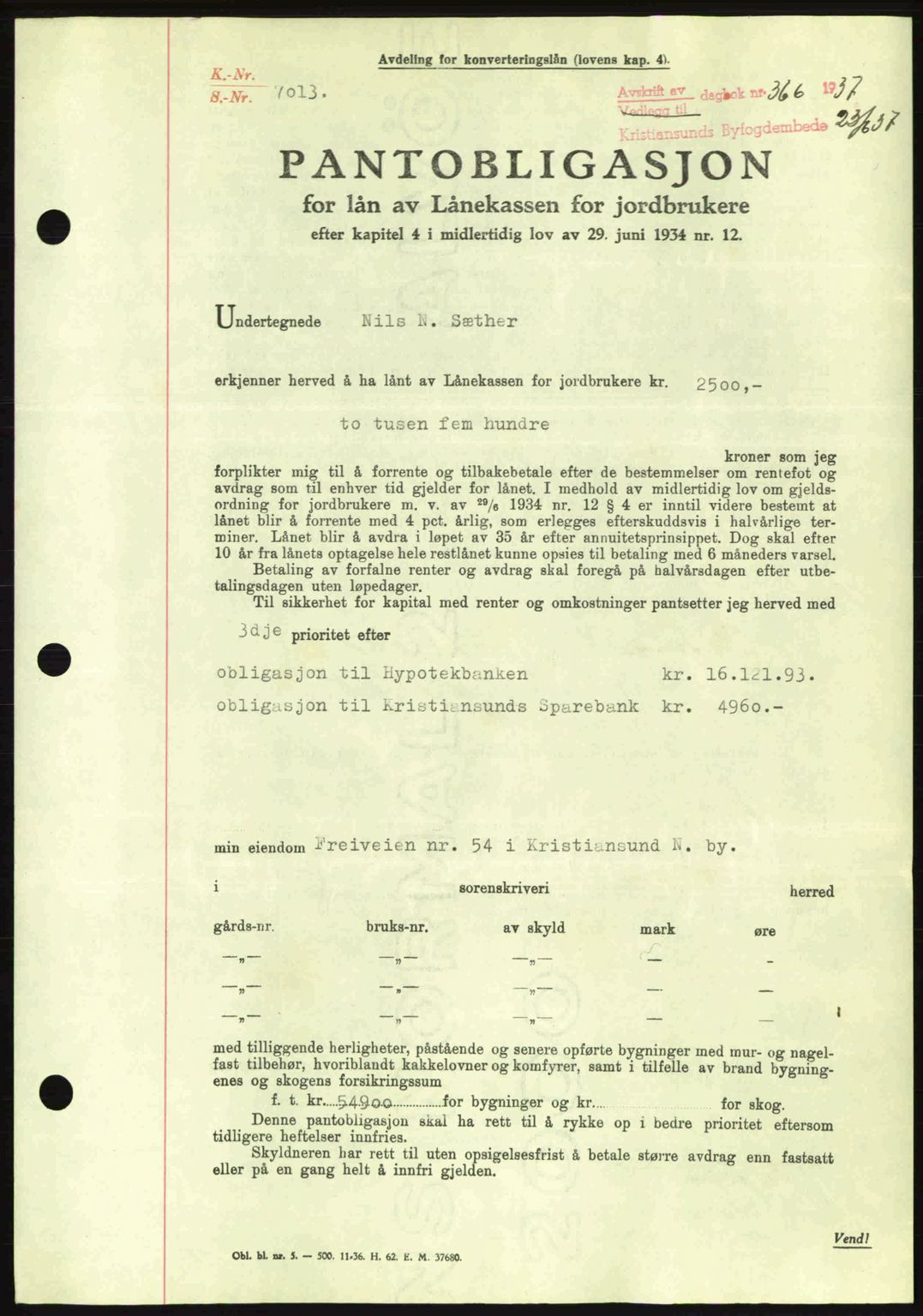 Kristiansund byfogd, AV/SAT-A-4587/A/27: Mortgage book no. 29, 1936-1937, Diary no: : 366/1937