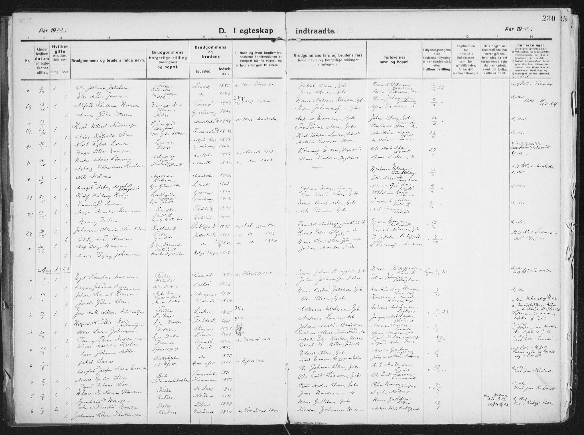 Lenvik sokneprestembete, AV/SATØ-S-1310/H/Ha/Haa/L0016kirke: Parish register (official) no. 16, 1910-1924, p. 230