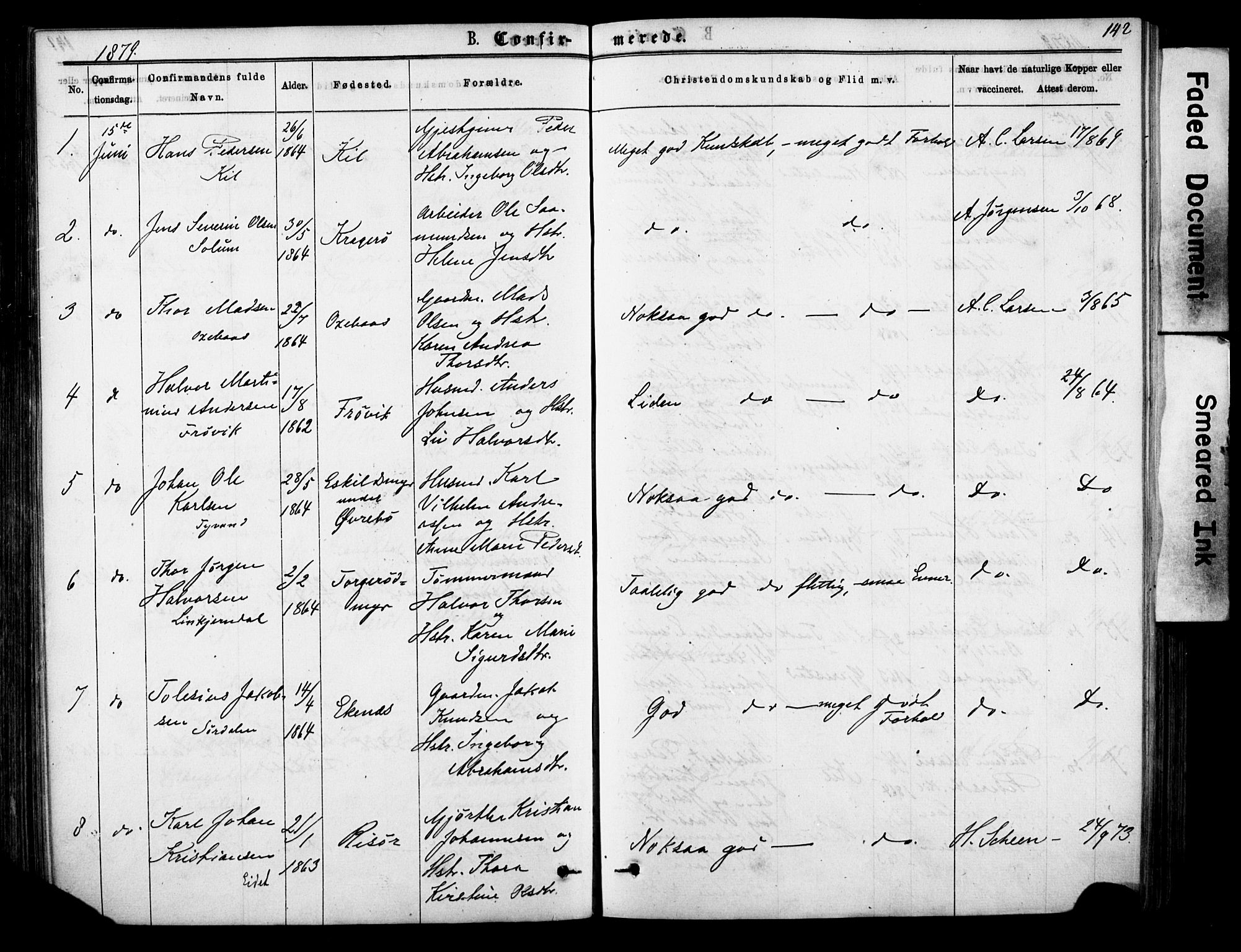 Sannidal kirkebøker, SAKO/A-296/F/Fa/L0014: Parish register (official) no. 14, 1874-1883, p. 142