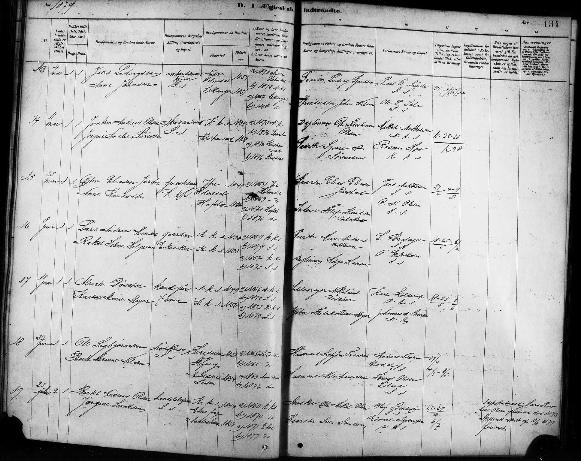 Sandviken Sokneprestembete, AV/SAB-A-77601/H/Ha/L0002: Parish register (official) no. A 2, 1878-1896, p. 134