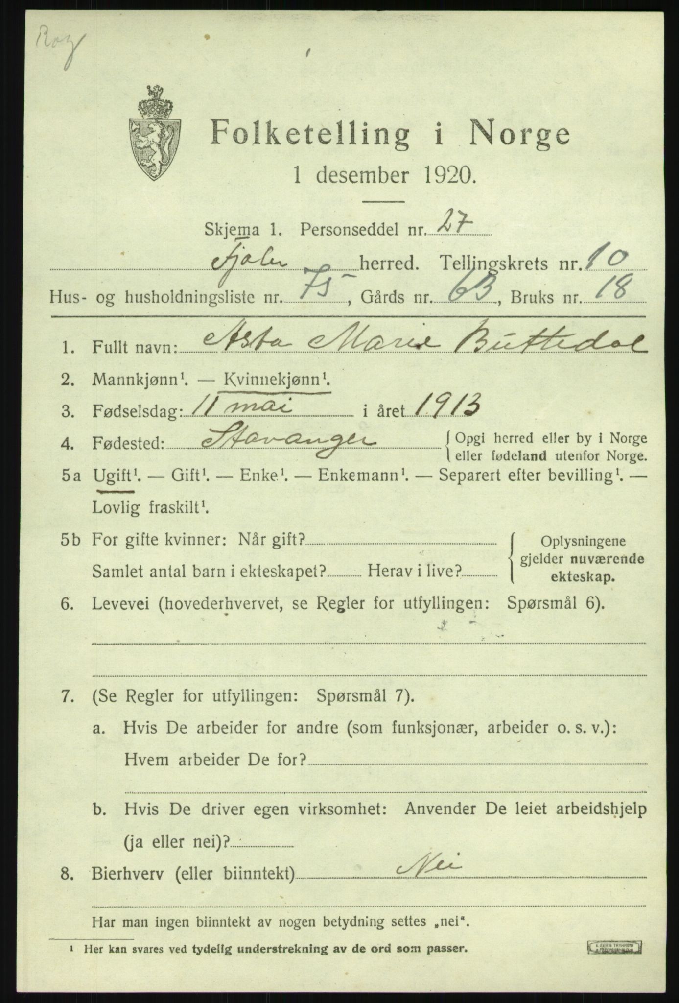 SAB, 1920 census for Fjaler, 1920, p. 5921