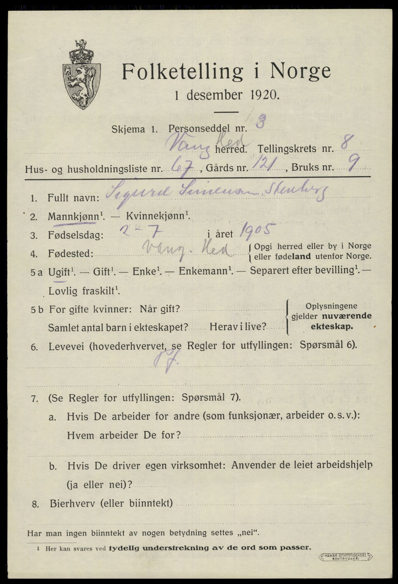 SAH, 1920 census for Vang (Hedmark), 1920, p. 18083