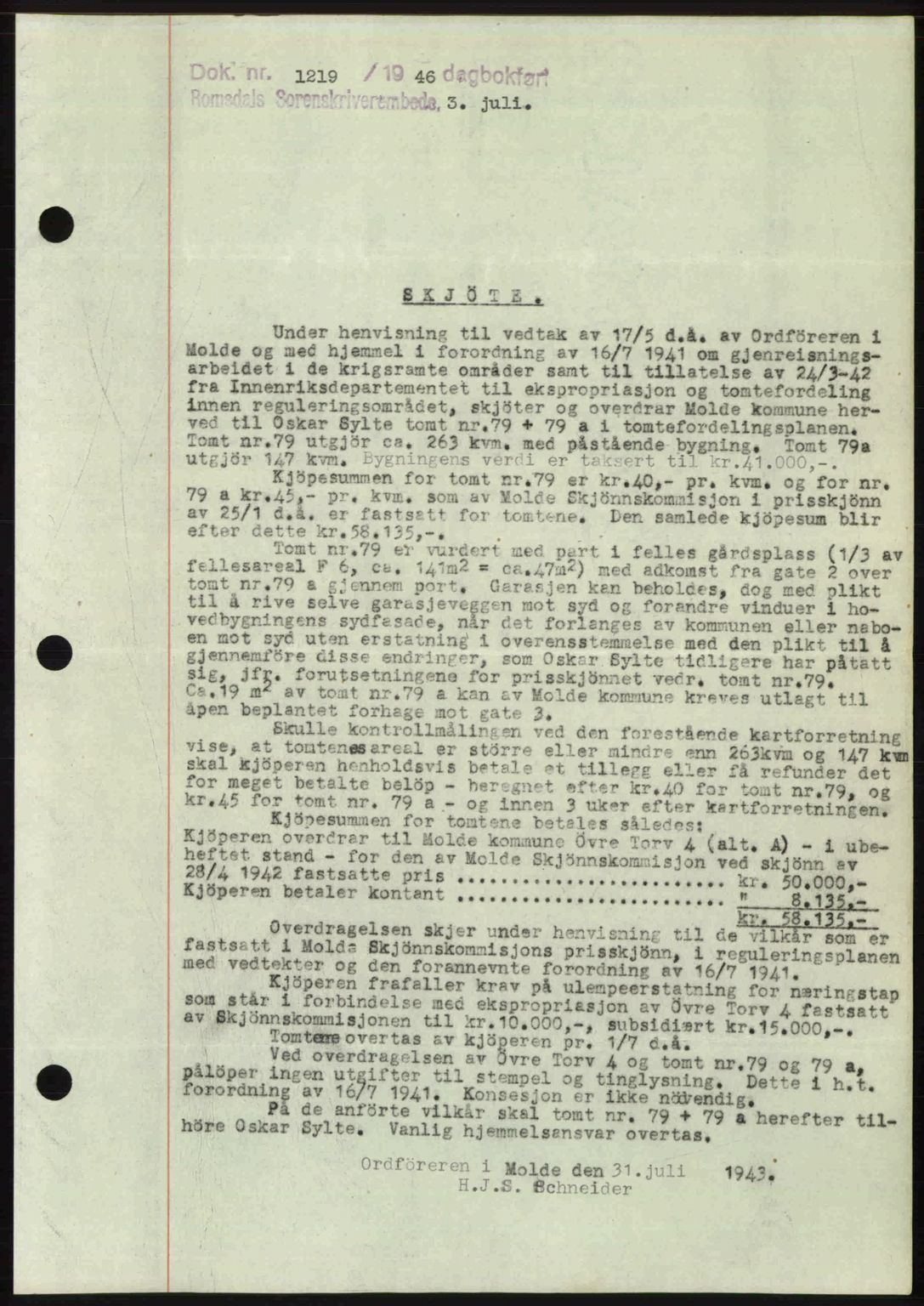 Romsdal sorenskriveri, AV/SAT-A-4149/1/2/2C: Mortgage book no. A20, 1946-1946, Diary no: : 1219/1946