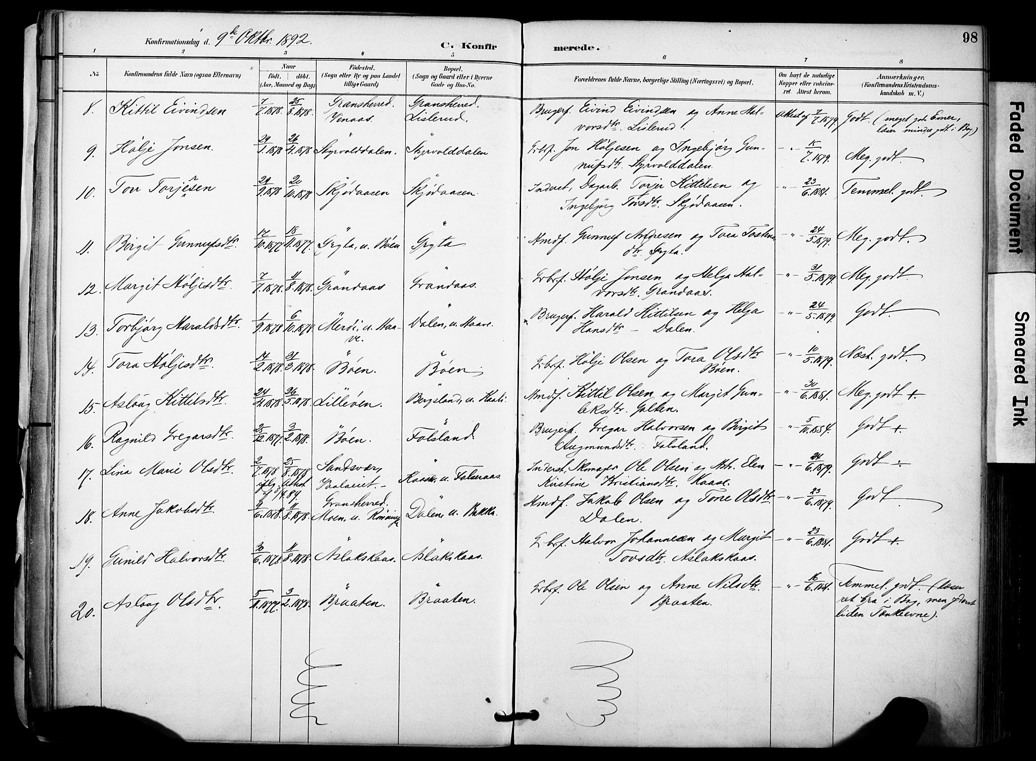 Gransherad kirkebøker, SAKO/A-267/F/Fa/L0005: Parish register (official) no. I 5, 1887-1916, p. 98