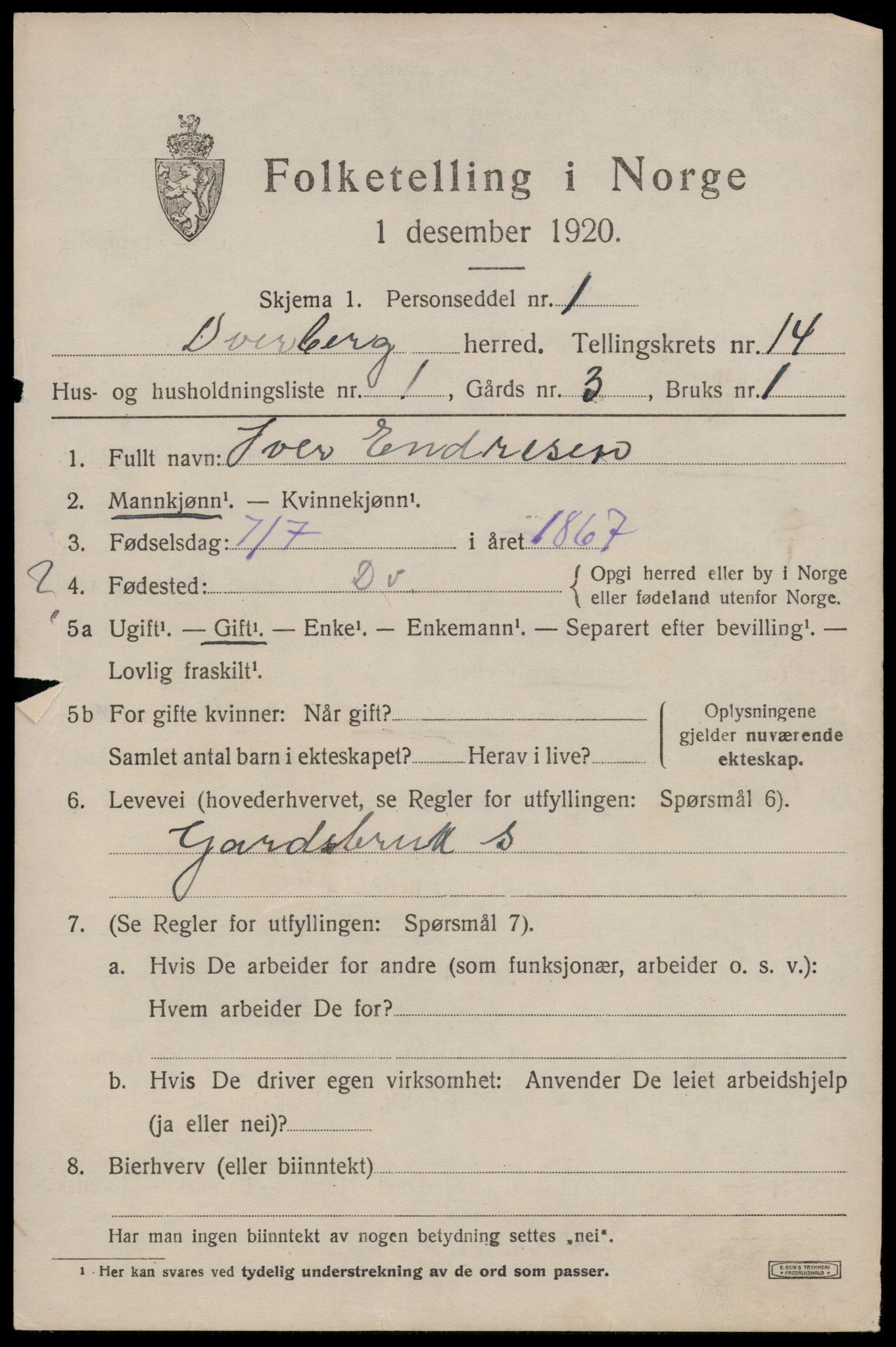 SAT, 1920 census for Dverberg, 1920, p. 10572