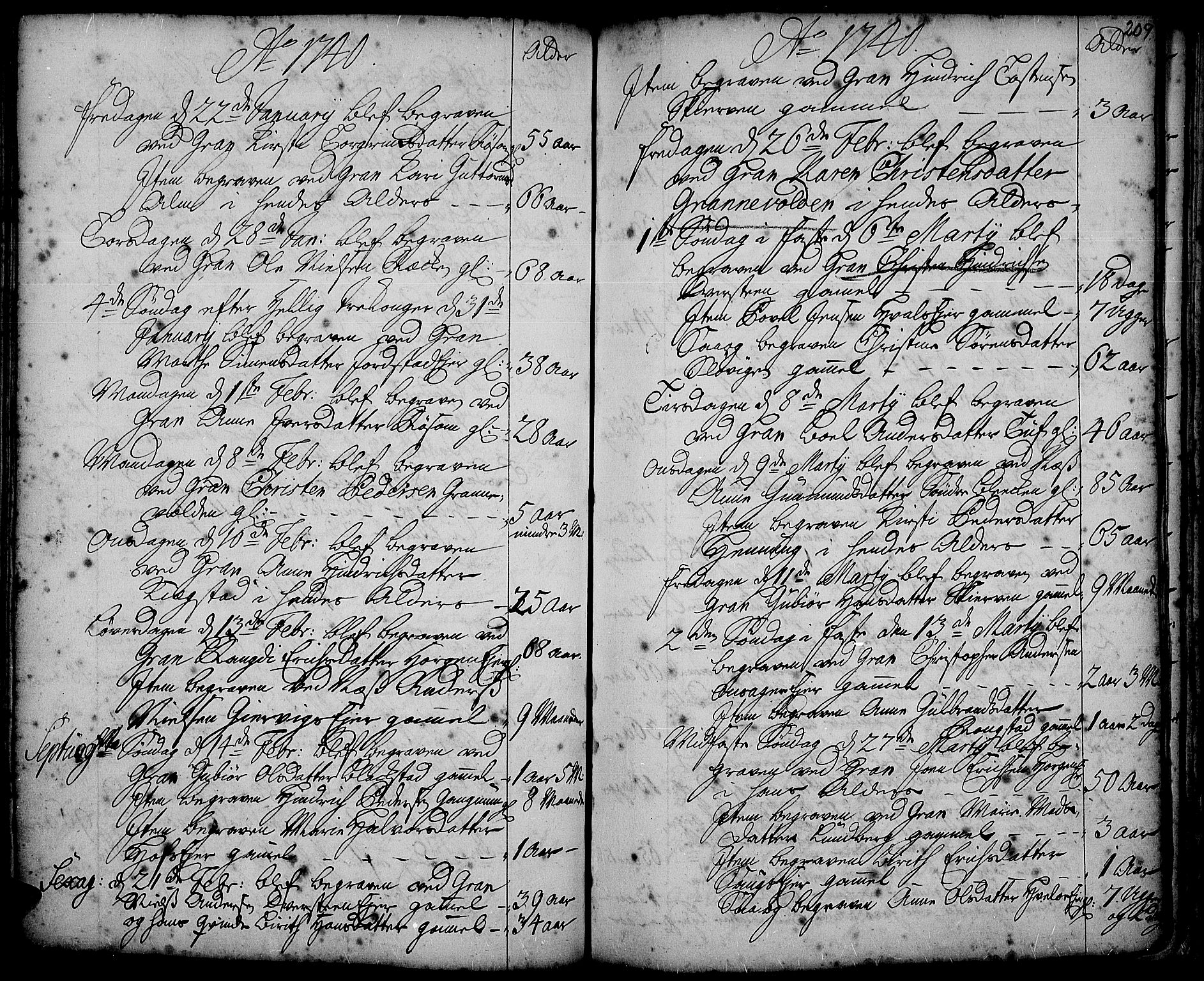 Gran prestekontor, AV/SAH-PREST-112/H/Ha/Haa/L0002: Parish register (official) no. 2, 1732-1744, p. 209