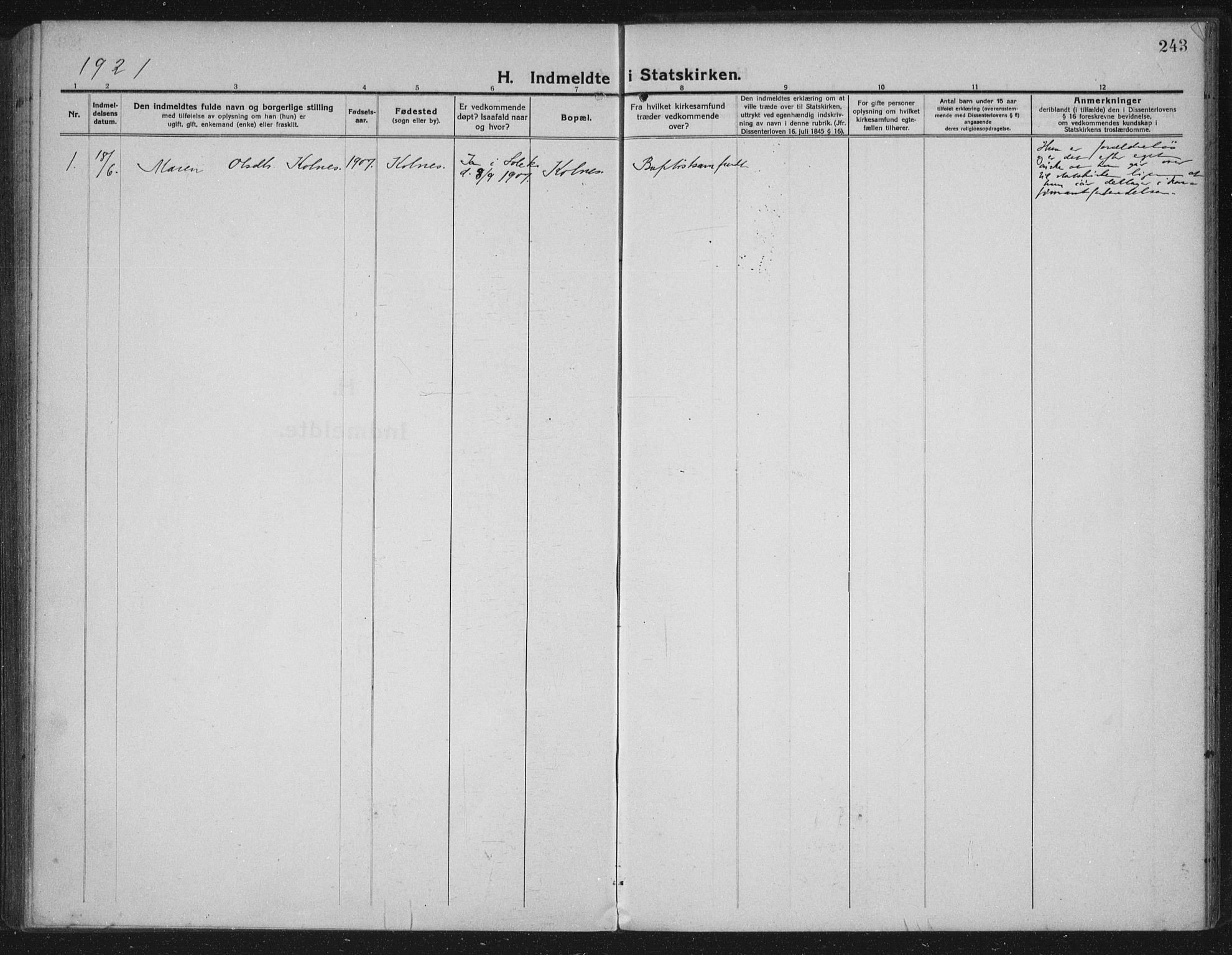 Håland sokneprestkontor, SAST/A-101802/002/C/L0001: Parish register (official) no. A 14, 1913-1927, p. 243